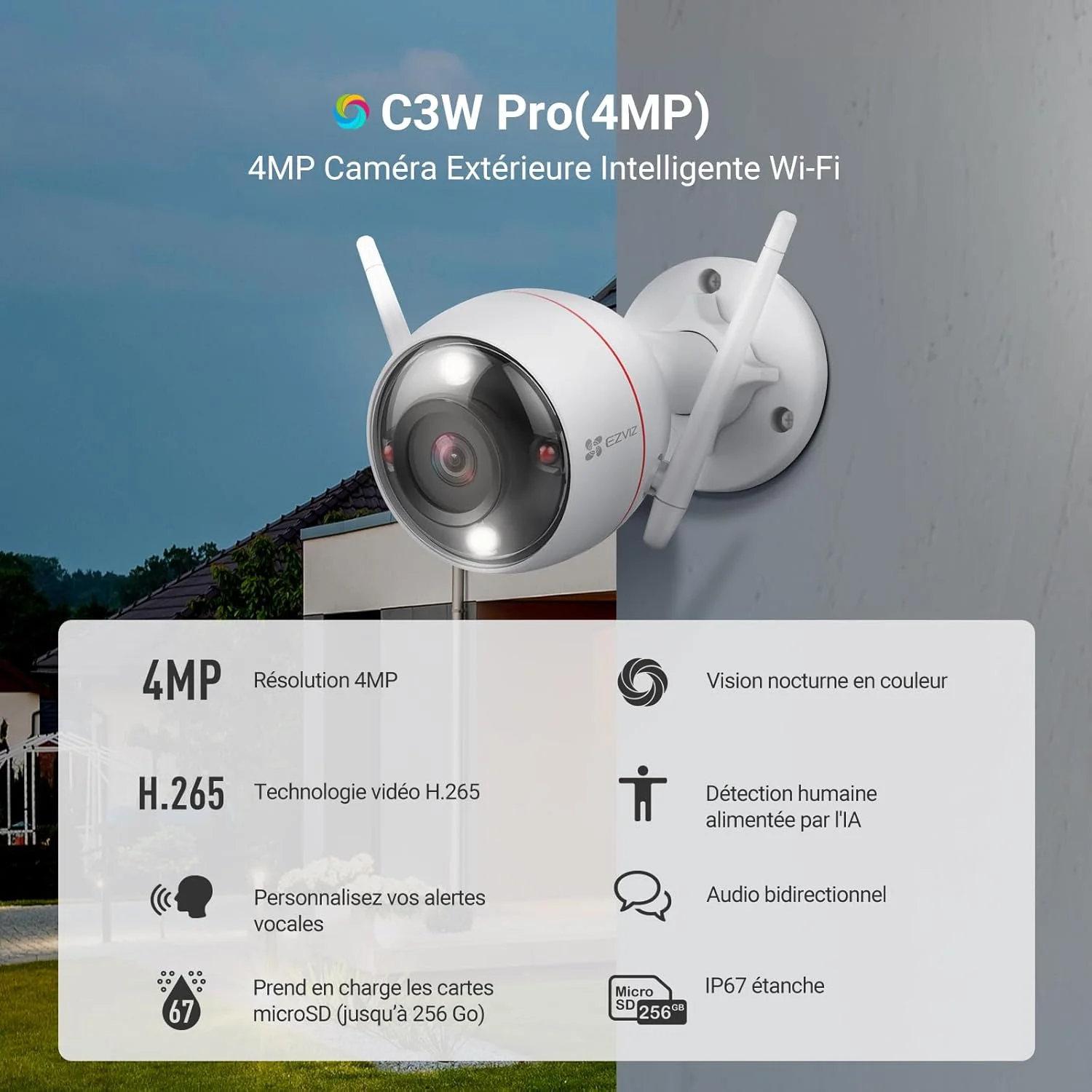 دوربین امنیتی هوشمند EZVIZ C3W Pro، دوربین وای فای 4 مگاپیکسلی فضای باز با دید در شب رنگی، مکالمه دو طرفه، هشدارهای صوتی قابل تنظیم، محافظت در برابر گرد و غبار و آب IP67، نصب آسان، سازگار با الکسا