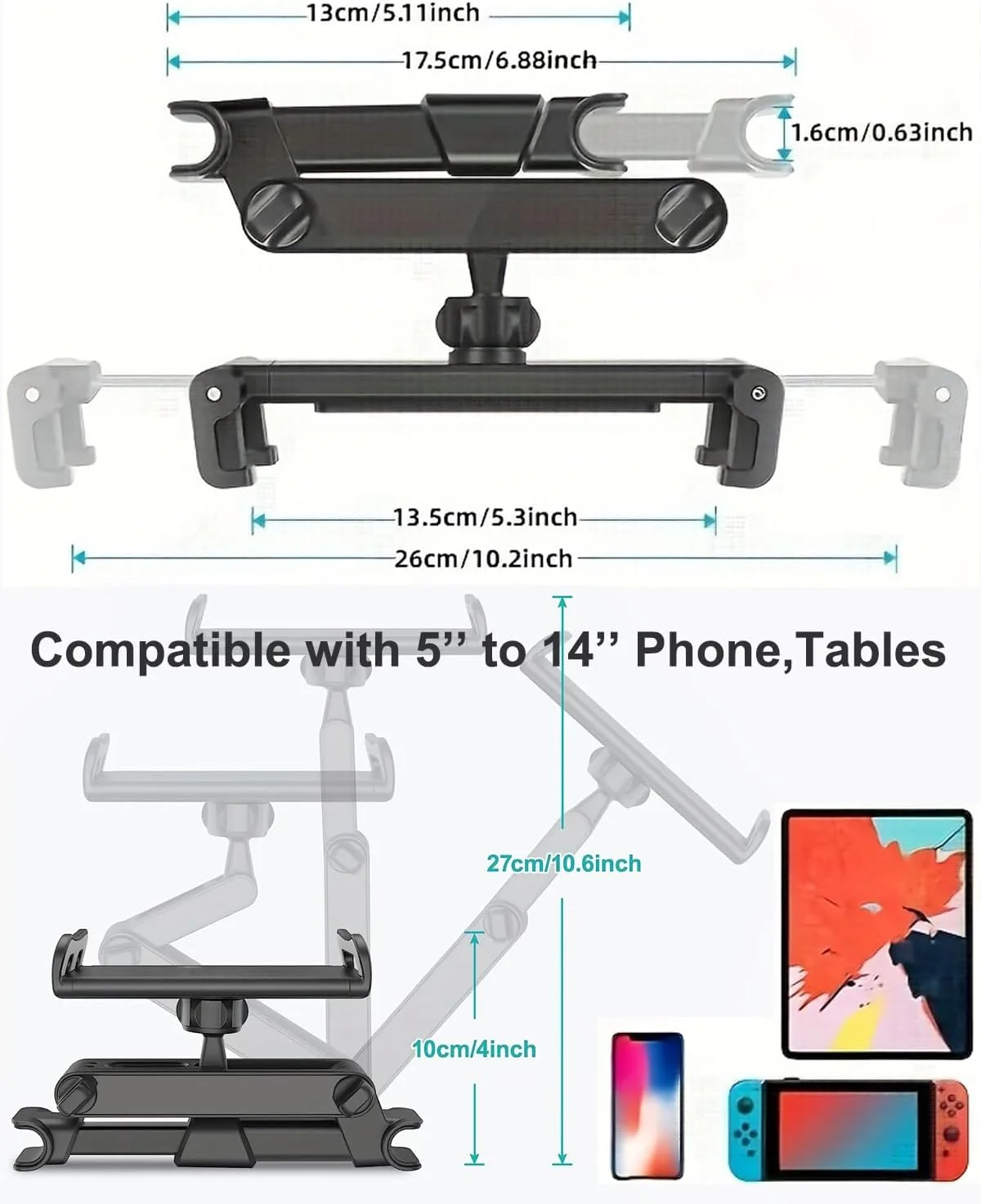 نگهدارنده تبلت برای پشت سری خودرو با بازوی قابل تنظیم، مناسب برای تبلت های 4.7 تا 11 اینچی مانند آیپد پرو، ایر، مینی، گلکسی، فایر، سامسونگ، آیفون و همه گوشی های هوشمند (ست مشکی) نگهدارنده تبلت برای پشت سری خودرو با بازوی قابل تنظیم، مناسب برای تبلت های 4.7 تا 11 اینچی مانند آیپد پرو، ایر، مینی، گلکسی، فایر، سامسونگ، آیفون و همه گوشی های هوشمند (ست مشکی)