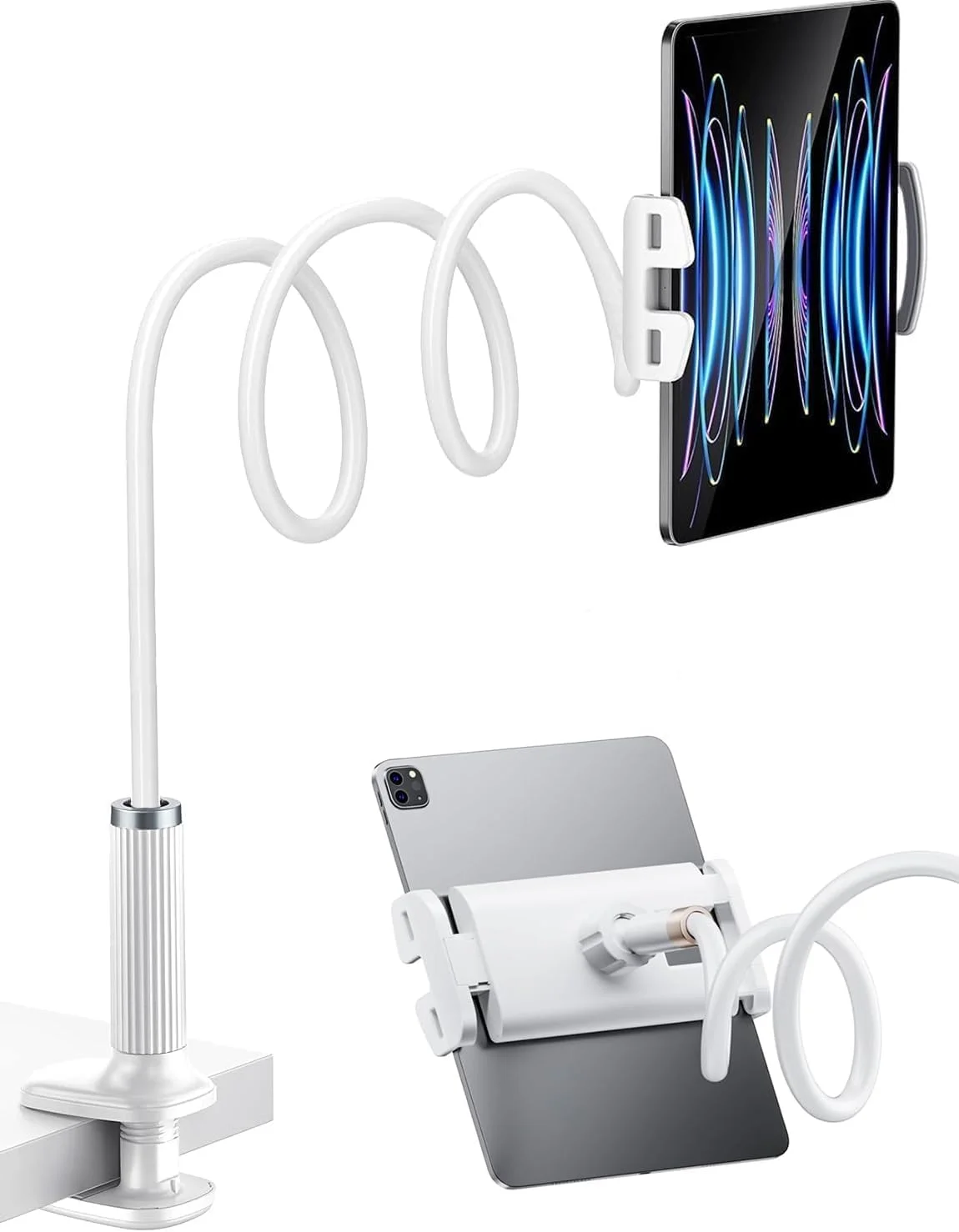 پایه تبلت گردن غازی، پایه تبلت جهانی - گیره بازوی منعطف 360 درجه برای تخت خواب مناسب برای آیپد/تلفن همراه/سوییچ/تبلت های گلکسی/کیندل فایر HD و غیره. طول کل 100 سانتی متر - سفید