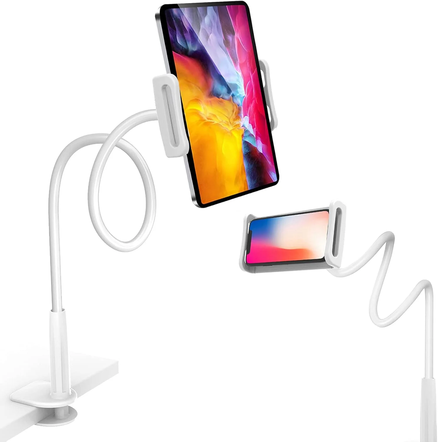 پایه نگهدارنده تبلت گردن غازی، گیره نگهدارنده تبلت گردن غازی جهانی، بازوی بلند و انعطاف پذیر (سفید)
