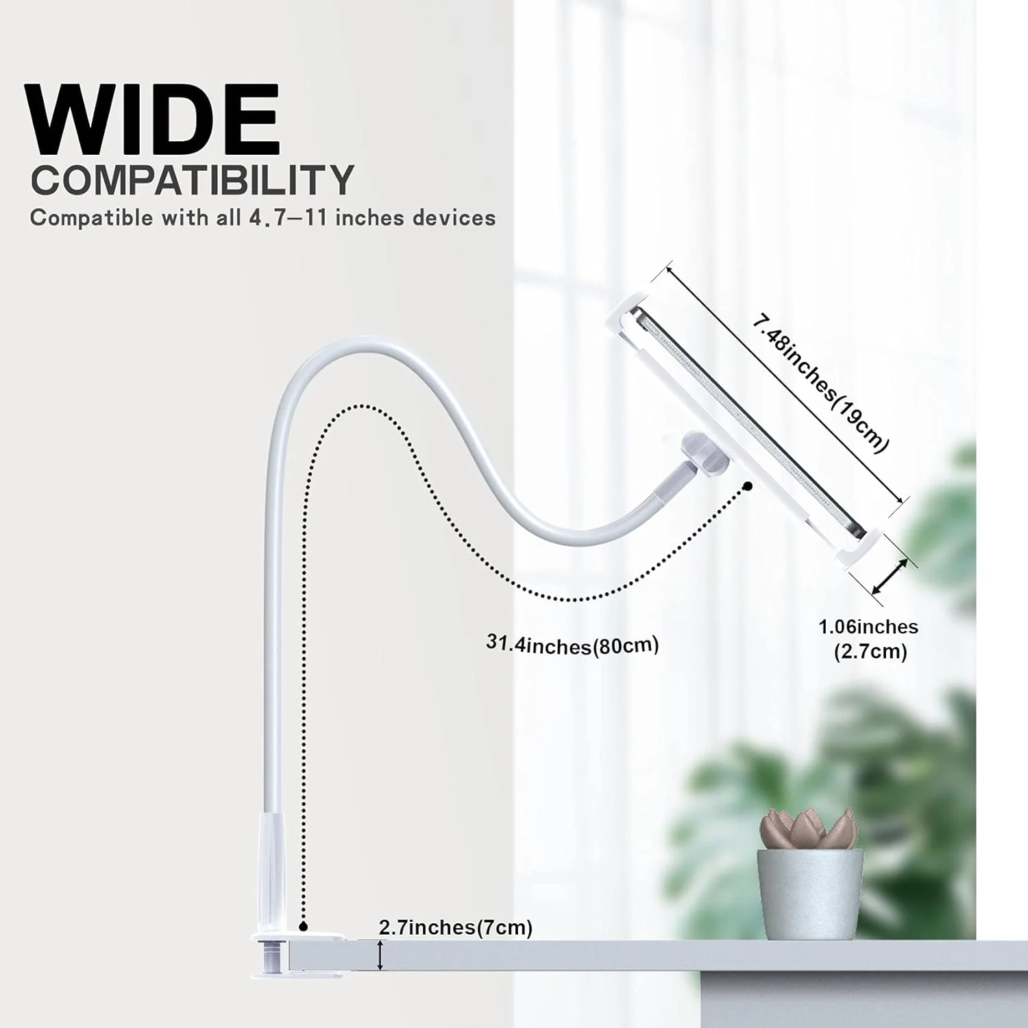 پایه نگهدارنده تبلت گردن غازی، گیره نگهدارنده تبلت گردن غازی جهانی، بازوی بلند و انعطاف پذیر (سفید)
