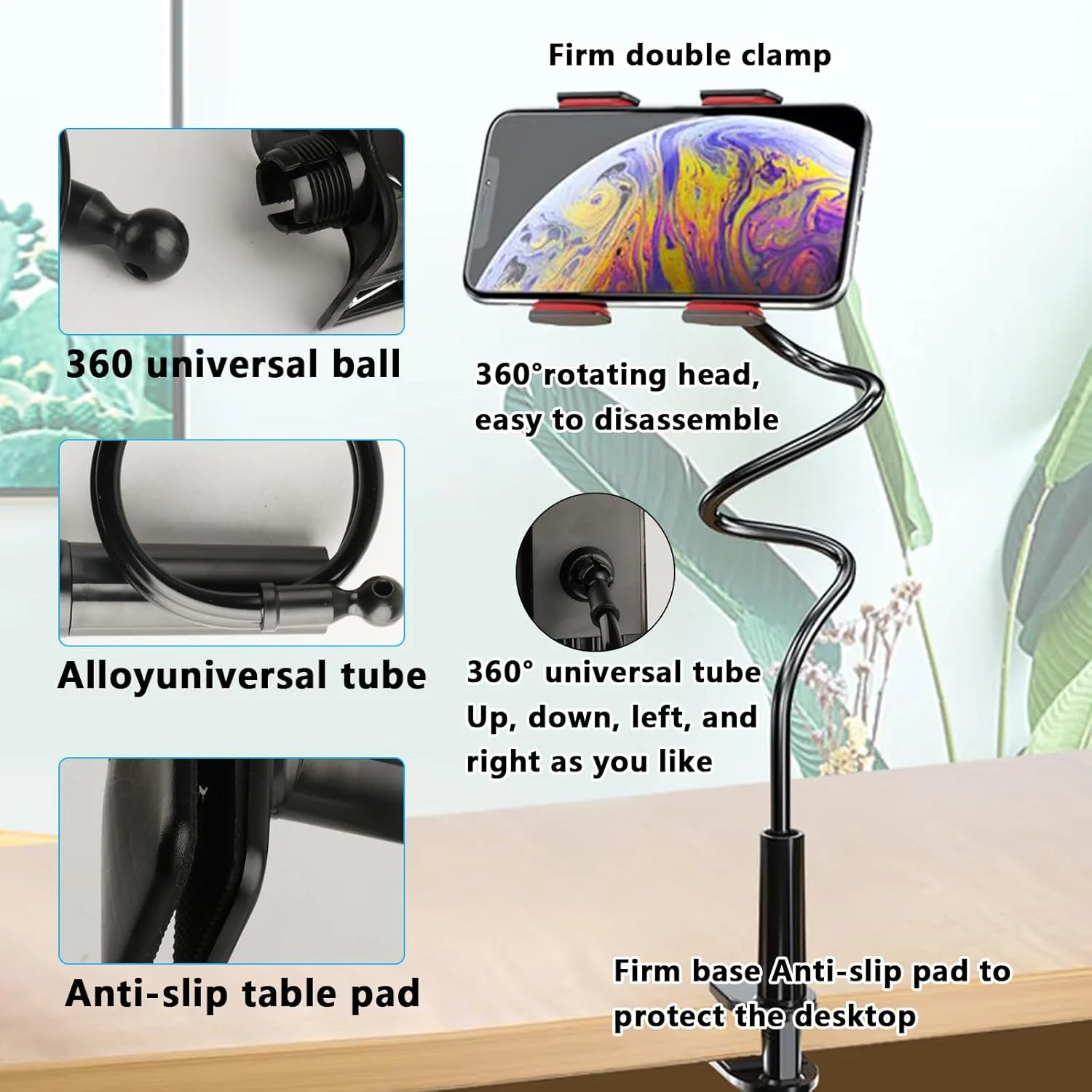پایه نگهدارنده گوشی و پایه نگهدارنده تبلت گردنی برای تخت، 70 سانتی‌متر، با قابلیت چرخش 360 درجه، گیره بازویی نگهدارنده تبلت سازگار با آیفون، آیپد، سوییچ یا سایر دستگاه‌های 4 تا 11 اینچی