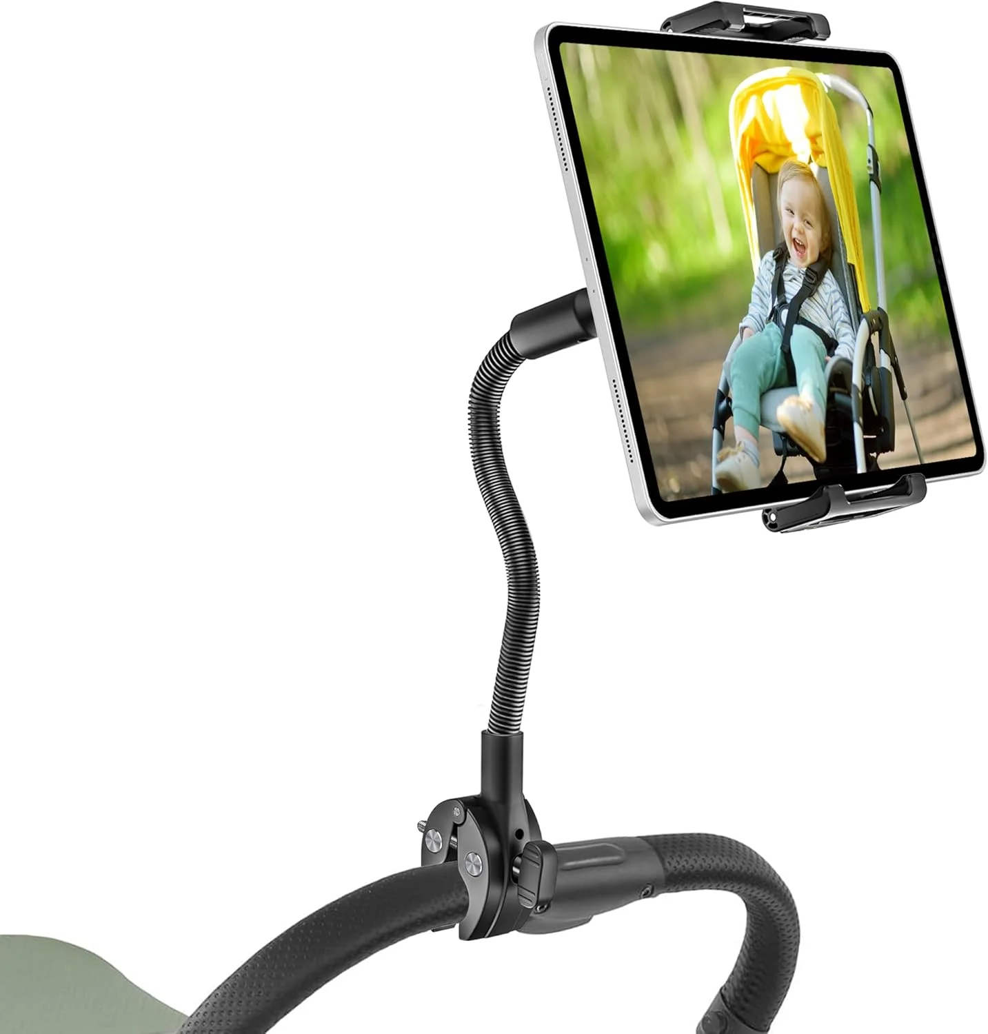 نگهدارنده تبلت گردن غازی برای کالسکه [پشتیبانی از 15.6 اینچ] پایه تبلت گیره میله ای برای کالسکه کودک [سازگار با قاب ضخیم] بازوی قابل تنظیم چرخش 360 درجه برای آیپد پرو ایر مینی، آیفون، گلکسی 6-15.6 اینچی
