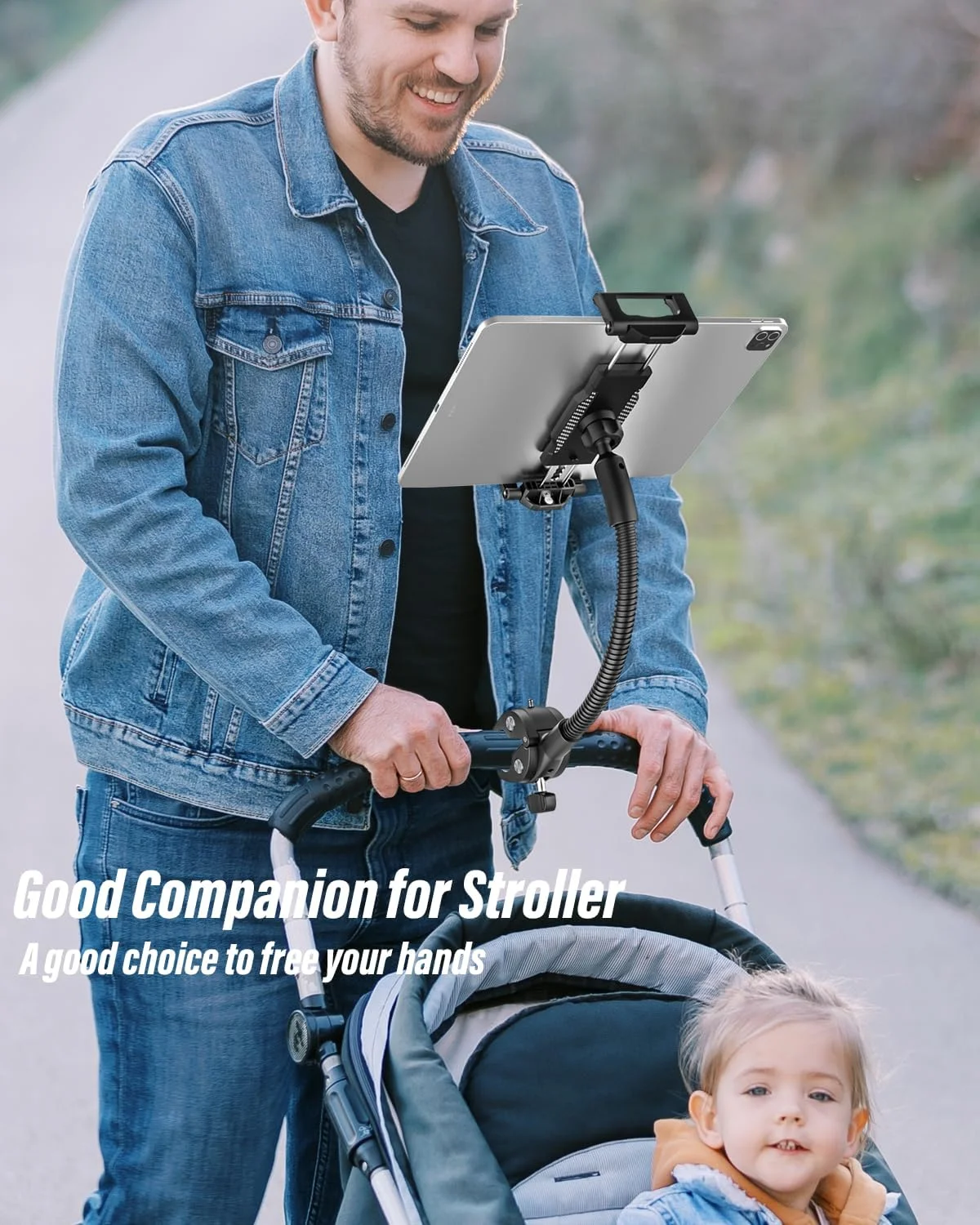 نگهدارنده تبلت گردن غازی برای کالسکه [پشتیبانی از 15.6 اینچ] پایه تبلت گیره میله ای برای کالسکه کودک [سازگار با قاب ضخیم] بازوی قابل تنظیم چرخش 360 درجه برای آیپد پرو ایر مینی، آیفون، گلکسی 6-15.6 اینچی