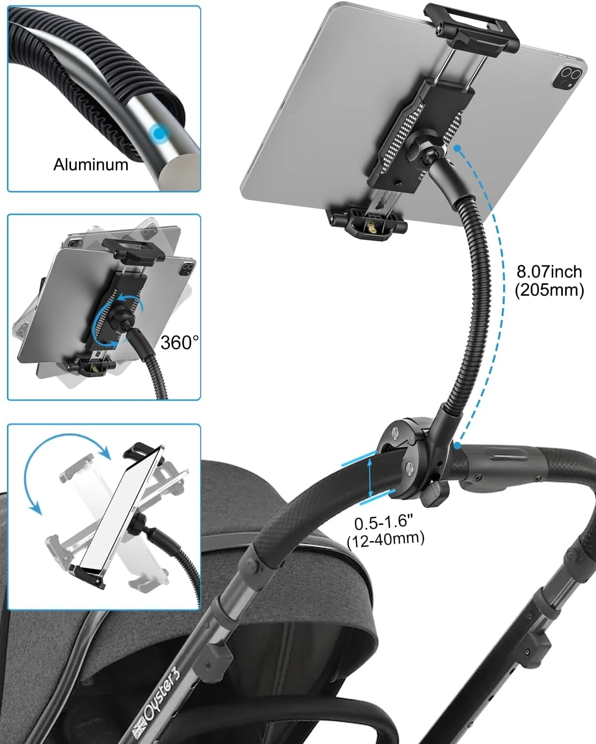 نگهدارنده تبلت گردن غازی برای کالسکه [پشتیبانی از 15.6 اینچ] پایه تبلت گیره میله ای برای کالسکه کودک [سازگار با قاب ضخیم] بازوی قابل تنظیم چرخش 360 درجه برای آیپد پرو ایر مینی، آیفون، گلکسی 6-15.6 اینچی