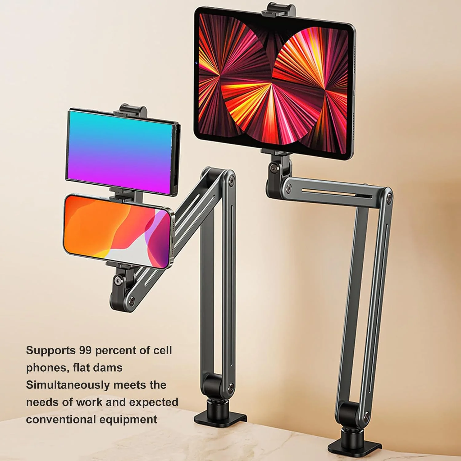 پایه نگهدارنده تبلت عمومی با قابلیت چرخش 360 درجه، بازوی تبلت تاشو، پایه آلیاژ آلومینیوم برای میز، بازوی بلند قابل تنظیم با گیره