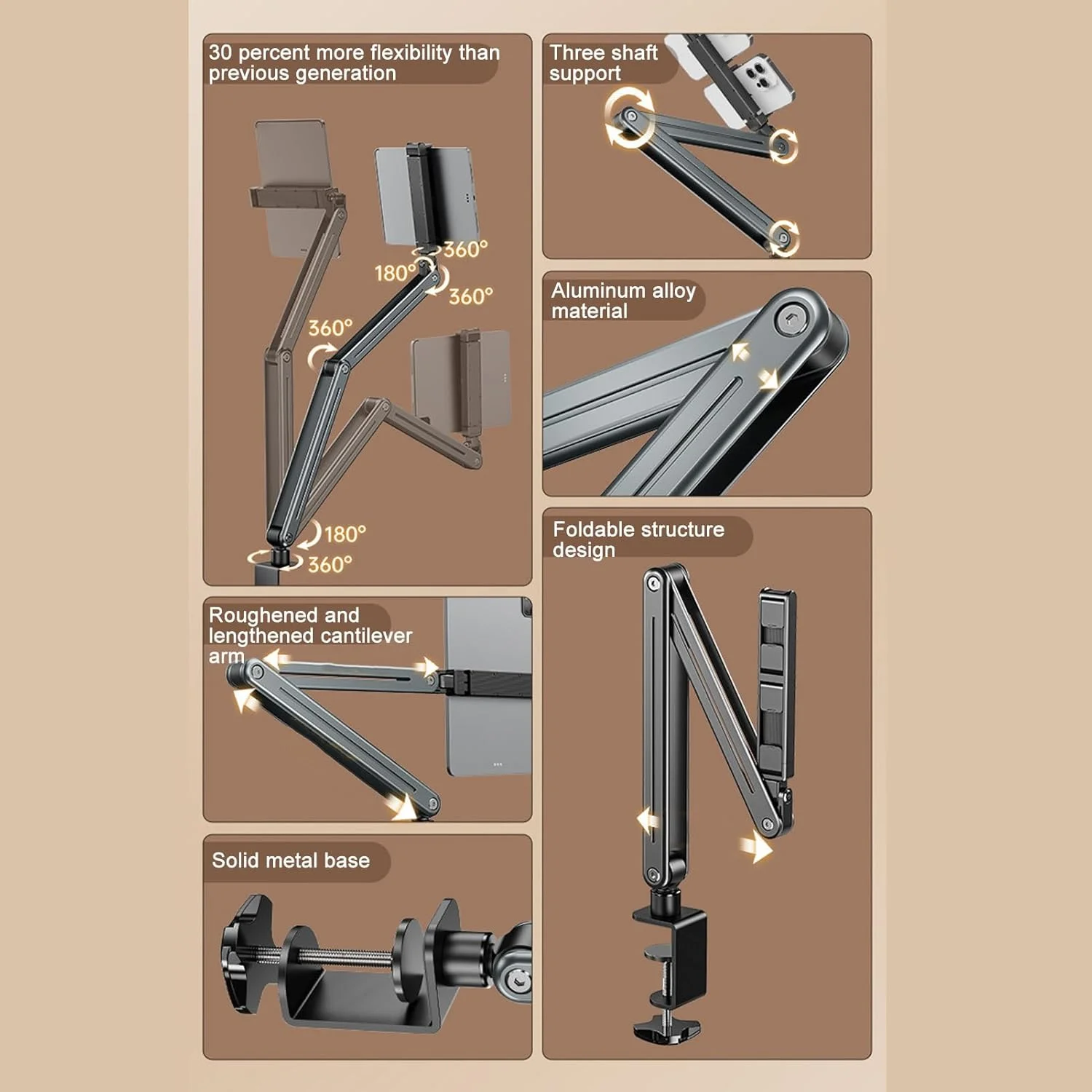 پایه نگهدارنده تبلت عمومی با قابلیت چرخش 360 درجه، بازوی تبلت تاشو، پایه آلیاژ آلومینیوم برای میز، بازوی بلند قابل تنظیم با گیره