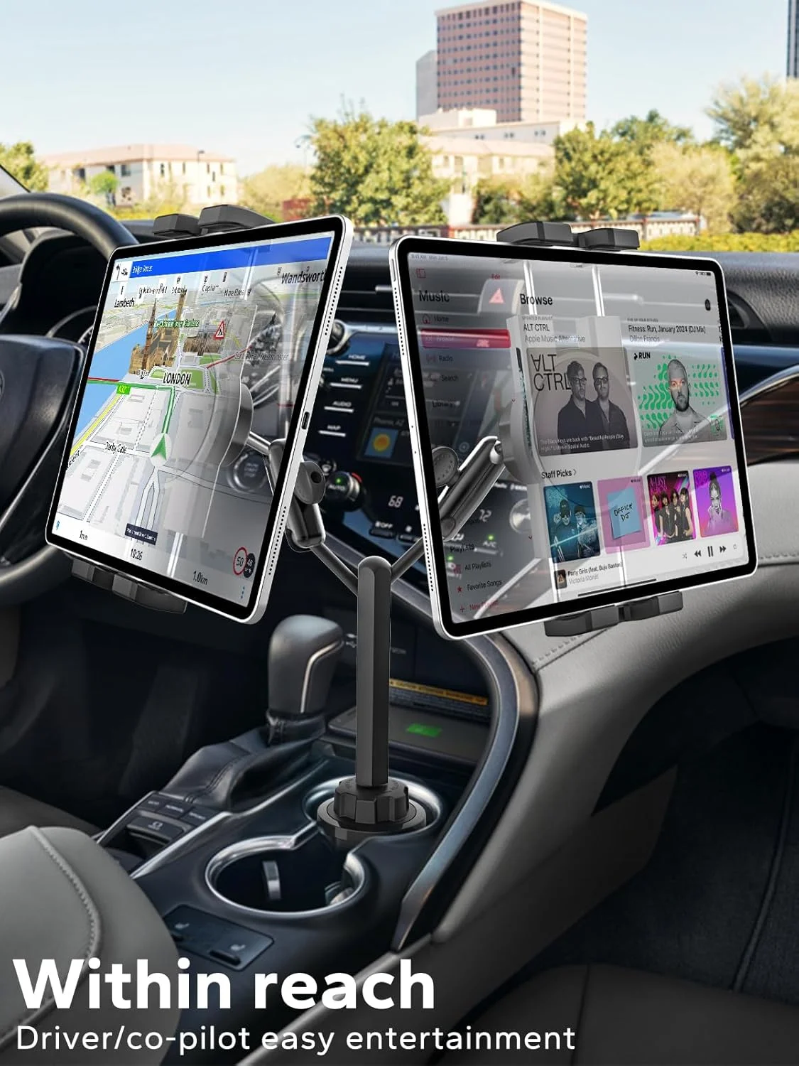 پایه تبلت دوگانه GDZN برای جا لیوانی خودرو - بازوی فلزی دوبل سنگین [بازوی فلزی دوبل] پایه لیوانی تبلت کامیون برای آیپد پرو 12.9، گلکسی تب، فایر، تبلت ها و تلفن های 4.7-13 اینچی