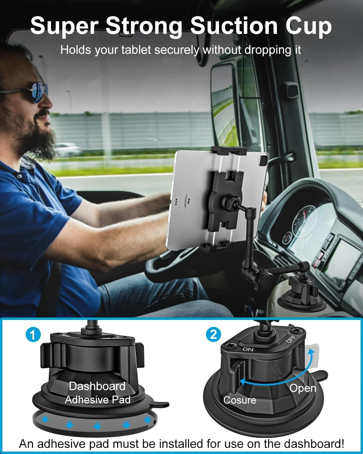 پایه تبلت داشبورد خودرو GDZN با مکنده، نگهدارنده تبلت کامیون سنگین، [بازوی فلزی قابل تنظیم] پایه شیشه جلو برای آیپد پرو 12.9 11، گلکسی تب زد فولد، فایر اچ دی، دستگاه های 4-13 اینچی