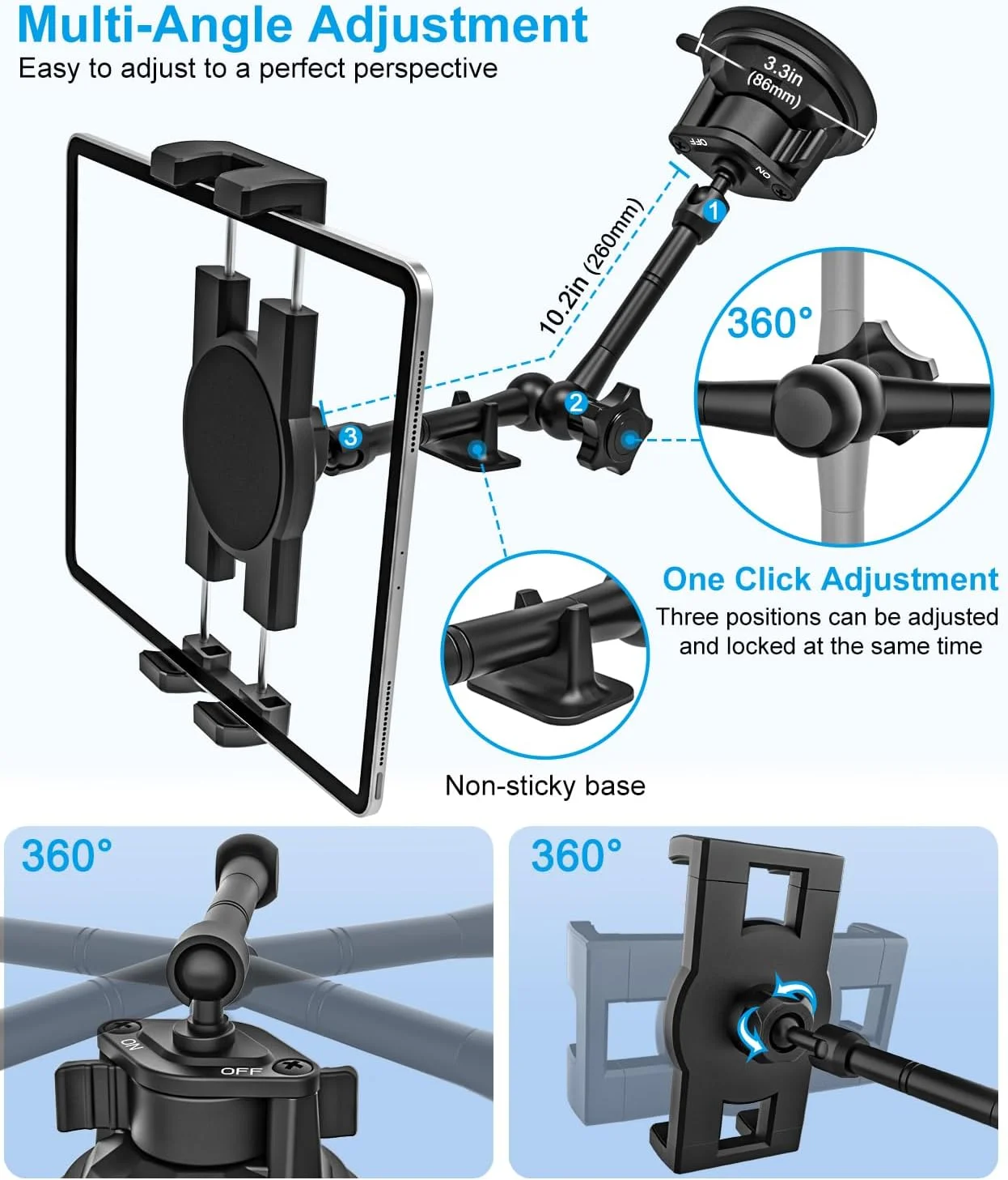 پایه تبلت داشبوردی GDZN برای کامیون، بازوی فلزی انعطاف پذیر، پایه تبلت مکنده قوی برای خودرو، پایه تبلت داشبورد/شیشه جلو برای کامیون/ون/شاسی بلند، مناسب برای تبلت های 4 تا 12.9 اینچی آیپد پرو، گلکسی تب، گوشی