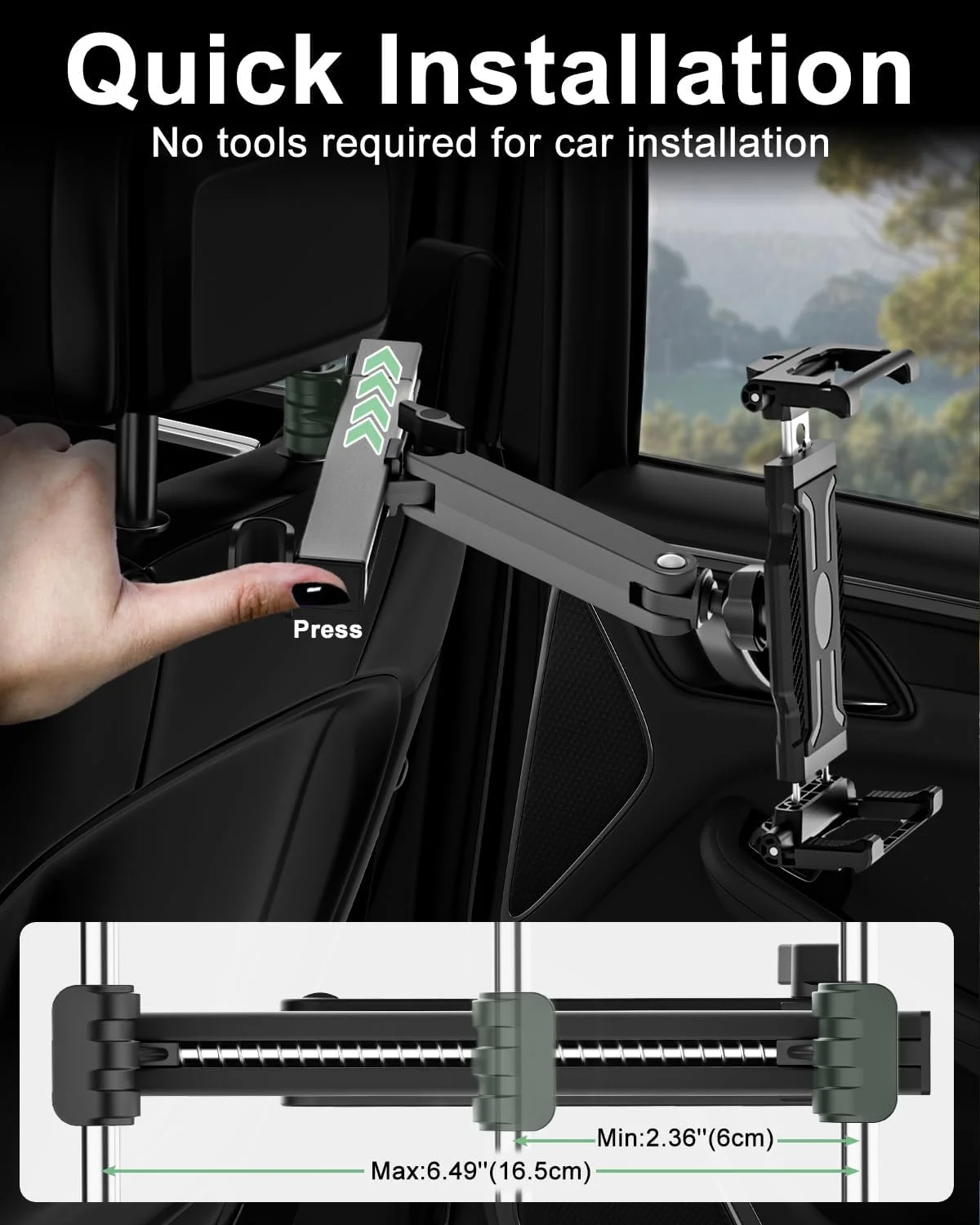 نگهدارنده تبلت صندلی عقب خودرو با بازوی تاشو و قابل تنظیم، پایه نگهدارنده تبلت برای صندلی عقب خودرو مناسب برای آیپد پرو/ایر/مینی، گلکسی، دستگاه های 6.1-15.6 اینچی و قاب های ضخیم [تا 1.18 اینچ]