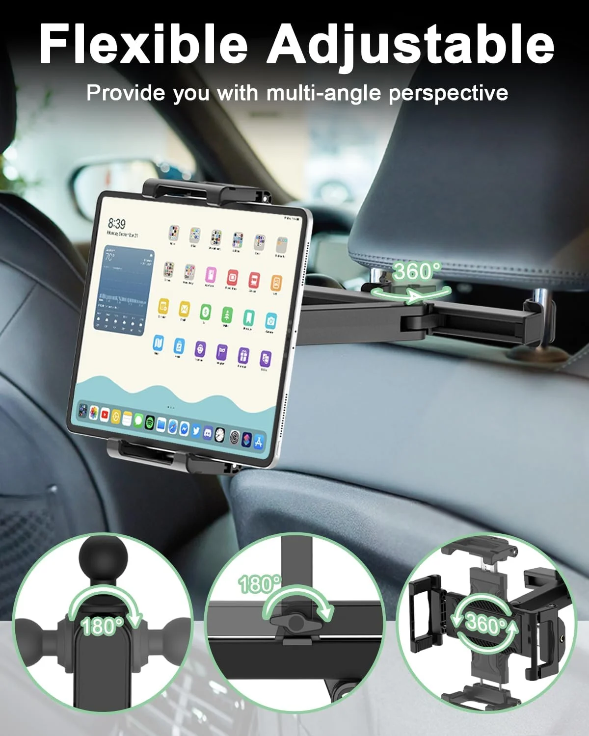 نگهدارنده تبلت صندلی عقب خودرو با بازوی تاشو و قابل تنظیم، پایه نگهدارنده تبلت برای صندلی عقب خودرو مناسب برای آیپد پرو/ایر/مینی، گلکسی، دستگاه های 6.1-15.6 اینچی و قاب های ضخیم [تا 1.18 اینچ]