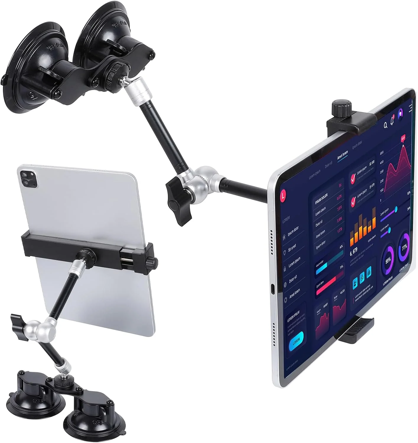 پایه تبلت برای کامیون، نگهدارنده فلزی فوق العاده بادوام آیپد با مکنده دوتایی قوی برای شیشه جلوی خودرو، بازوی جادویی 10 اینچی با قابلیت چرخش 360 درجه برای آیپد پرو 12.9/11/Air/Mini، سامسونگ گلکسی تب