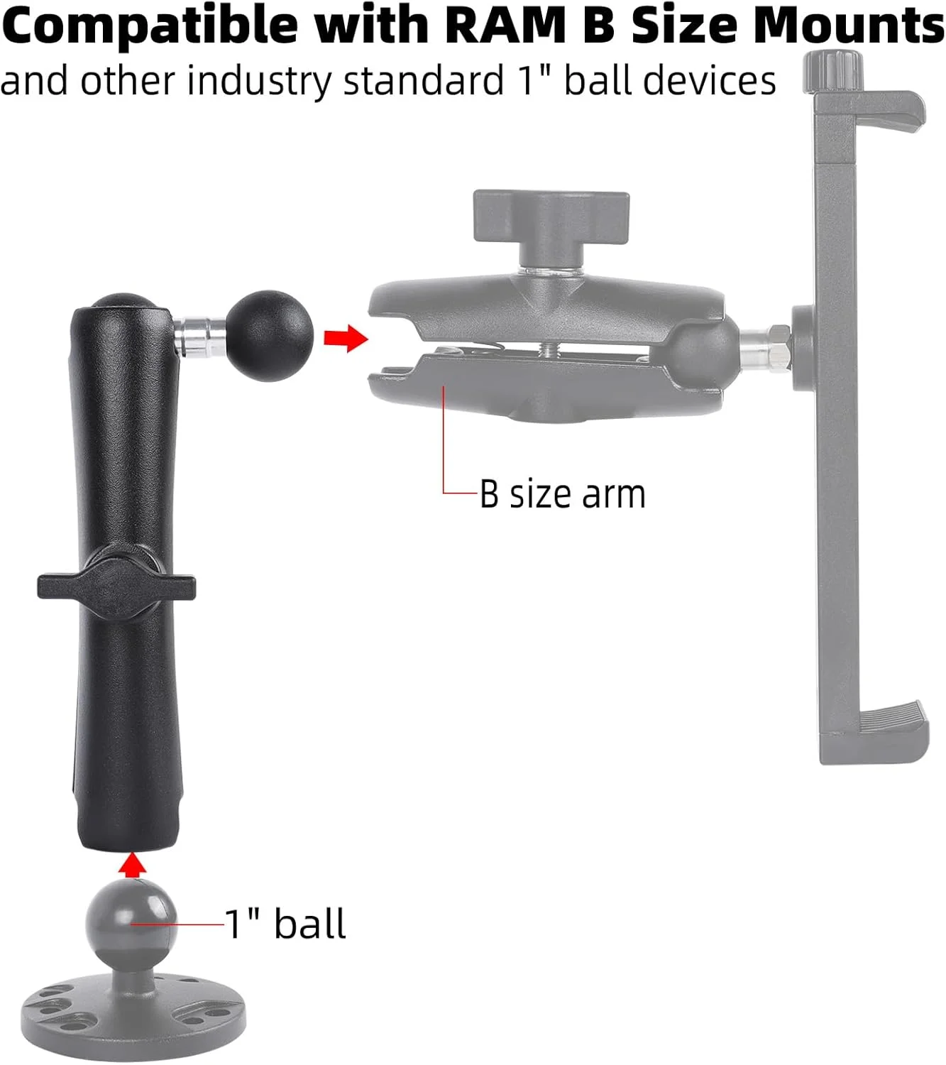 بازوی دو سوکتی با آداپتور توپی دوتایی 1 اینچی سازگار با پایه های سایز B، میله افزایش چرخش 360 درجه برای نگهدارنده تلفن، پایه تبلت، برای دوچرخه، موتور سیکلت، کامیون (آداپتور بلند 7.48 اینچی)