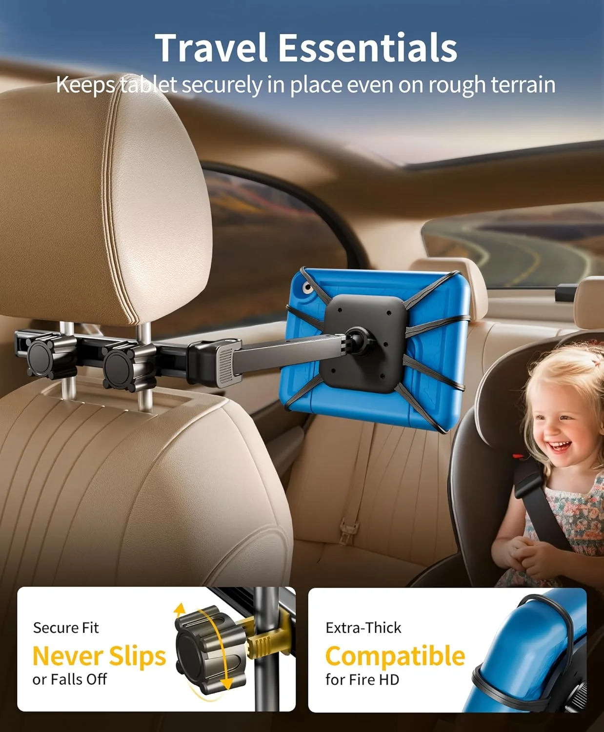 نگهدارنده تبلت FANGOR برای خودرو - [بازوی توسعه قابل تنظیم 3 در 1] نگهدارنده آیپد ارتقا یافته برای پشت صندلی خودرو با توری نگهدارنده، لوازم ضروری سفر جاده ای برای کودکان، برای آیپد پرو، ایر، مینی، گلکسی، فایر HD 7-10 اینچی