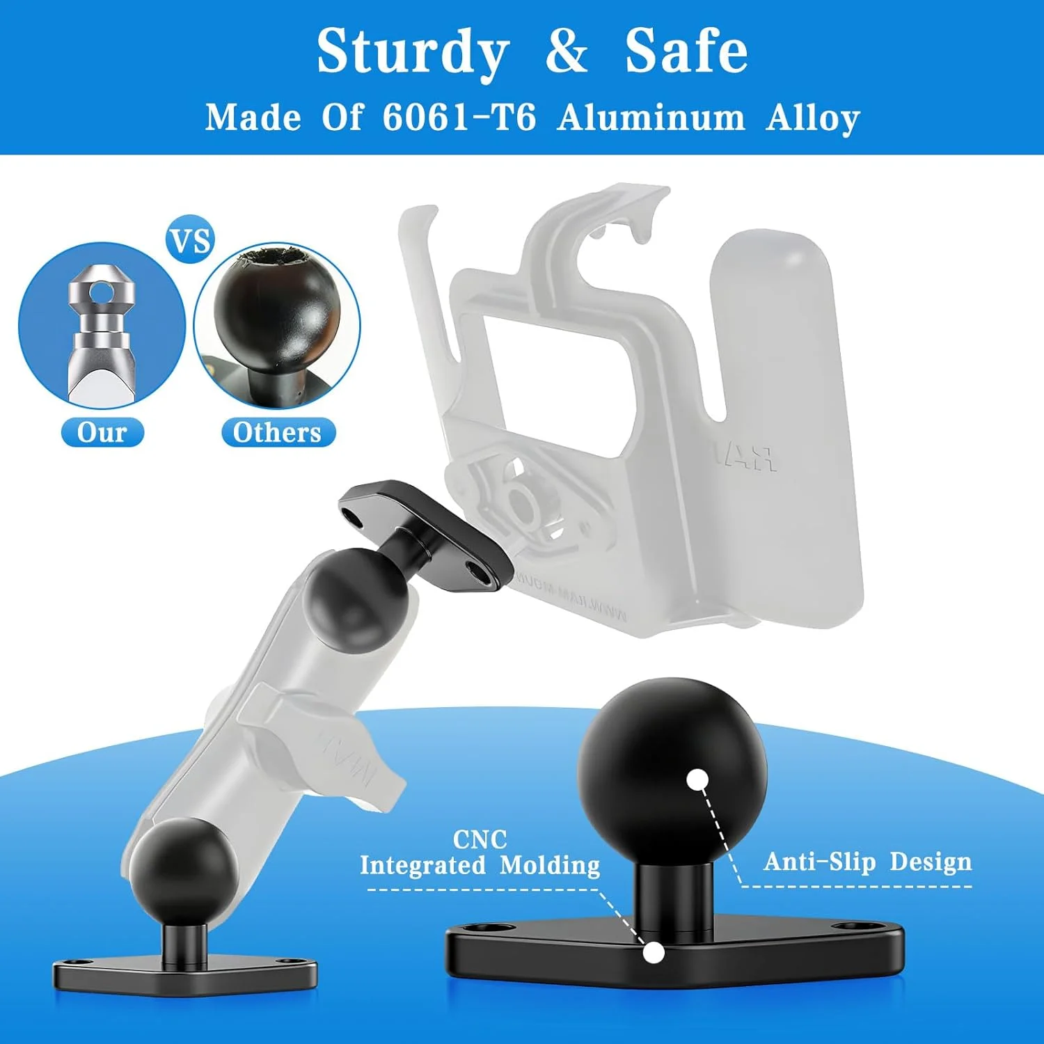 پایه توپی آلیاژ آلومینیوم، بسته 2 عددی، توپ 1 اینچی، طرح سوراخ AMPS استاندارد، سازگار با بازوی دوتایی