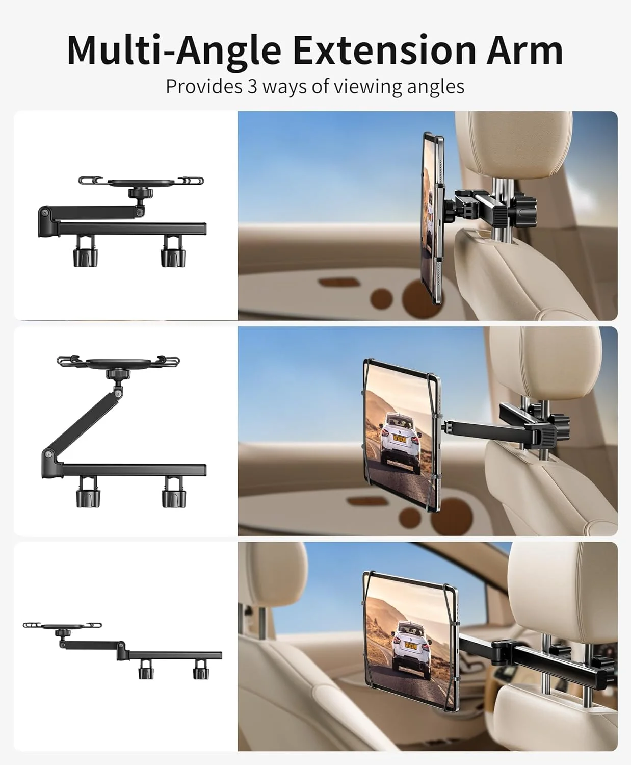 نگهدارنده تبلت FANGOR برای خودرو - [بازوی توسعه قابل تنظیم 3 در 1] نگهدارنده آیپد ارتقا یافته برای پشت صندلی خودرو با توری نگهدارنده، لوازم ضروری سفر جاده ای برای کودکان، برای آیپد پرو، ایر، مینی، گلکسی، فایر HD 7-10 اینچی