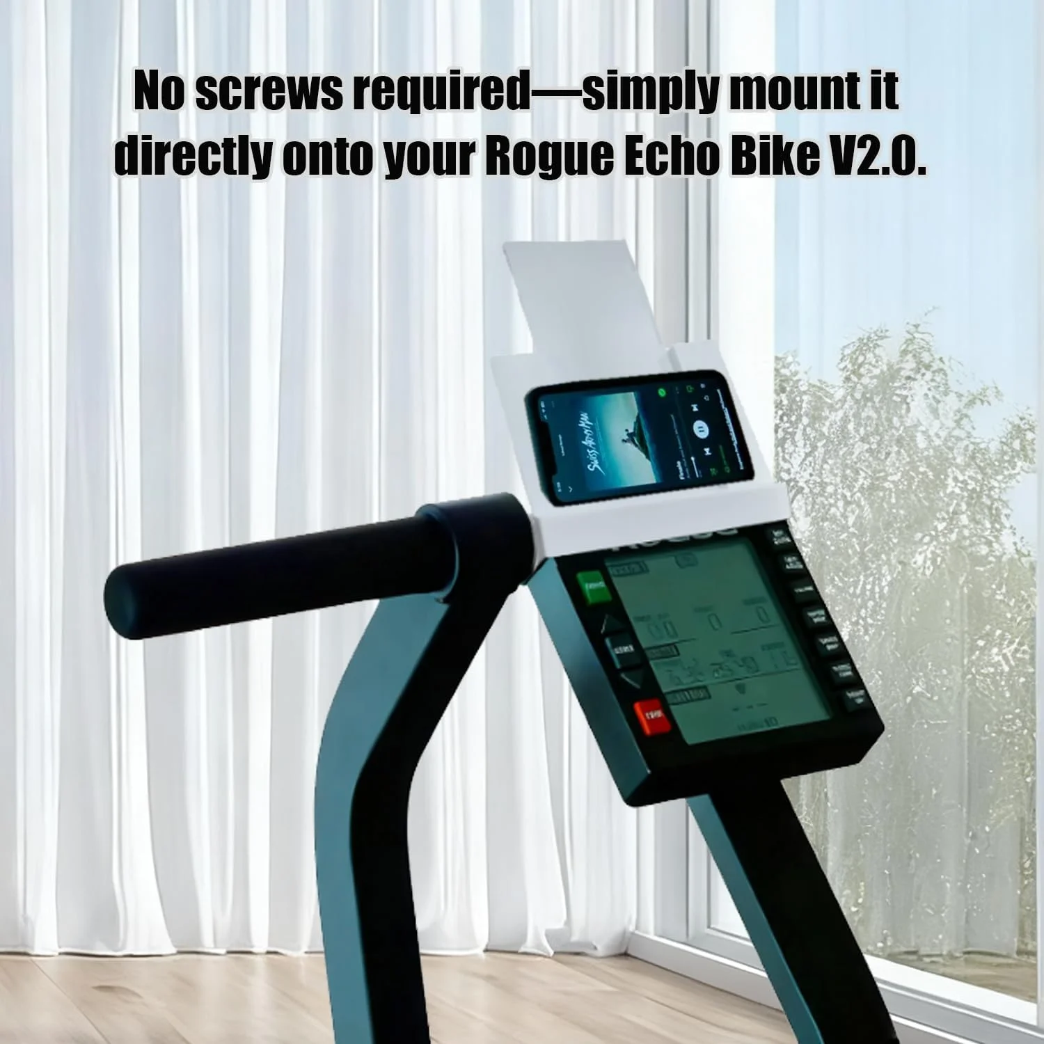 نگهدارنده تلفن سازگار با دوچرخه Rogue Echo Bike V2.0 نصب بدون پیچ، تلفن و تبلت خود را در طول تمرینات محکم نگه دارید تا به راحتی فیلم تماشا کنید، به موسیقی گوش دهید و داده های برنامه تناسب اندام را پیگیری کنید.