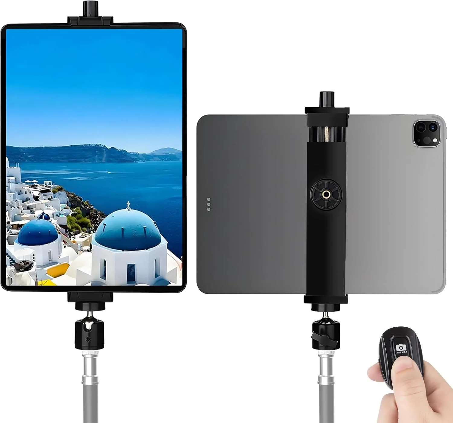 آداپتور اتصال آیپد به سه پایه با سر توپی، نگهدارنده گیره تبلت جهانی با قابلیت چرخش 360 درجه به همراه ریموت بلوتوثی برای آیپد پرو 12.9، آیپد ایر مینی، گلکسی تب، مونوپاد (6.2-11.8 اینچ)