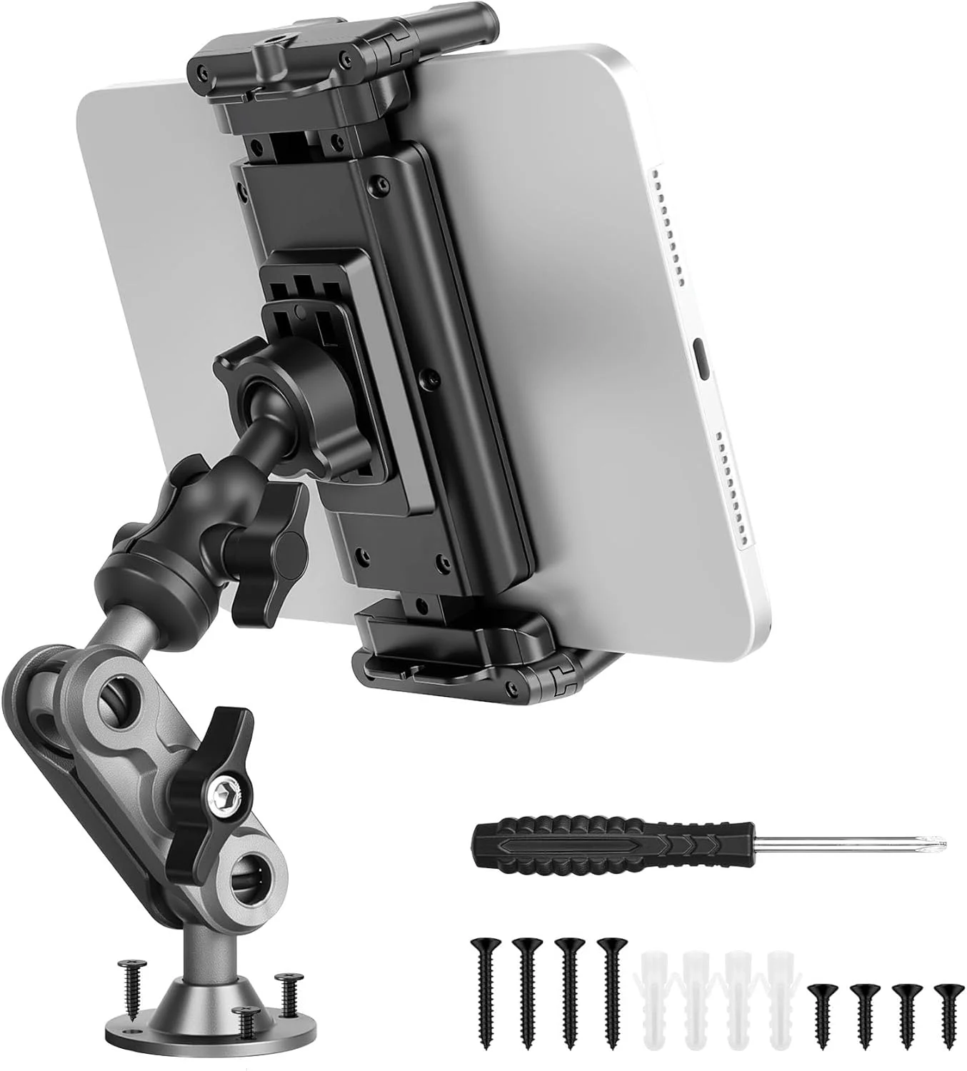 پایه نگهدارنده تبلت آلومینیومی سنگین با قابلیت نصب از طریق پیچ برای خودرو، پایه تبلت برای کامیون، قایق، داشبورد، خودروهای تجاری و دیوار، پایه نگهدارنده آیپد برای آیپد پرو/ایر/مینی/سامسونگ گلکسی تب 4.7-12.9 اینچی