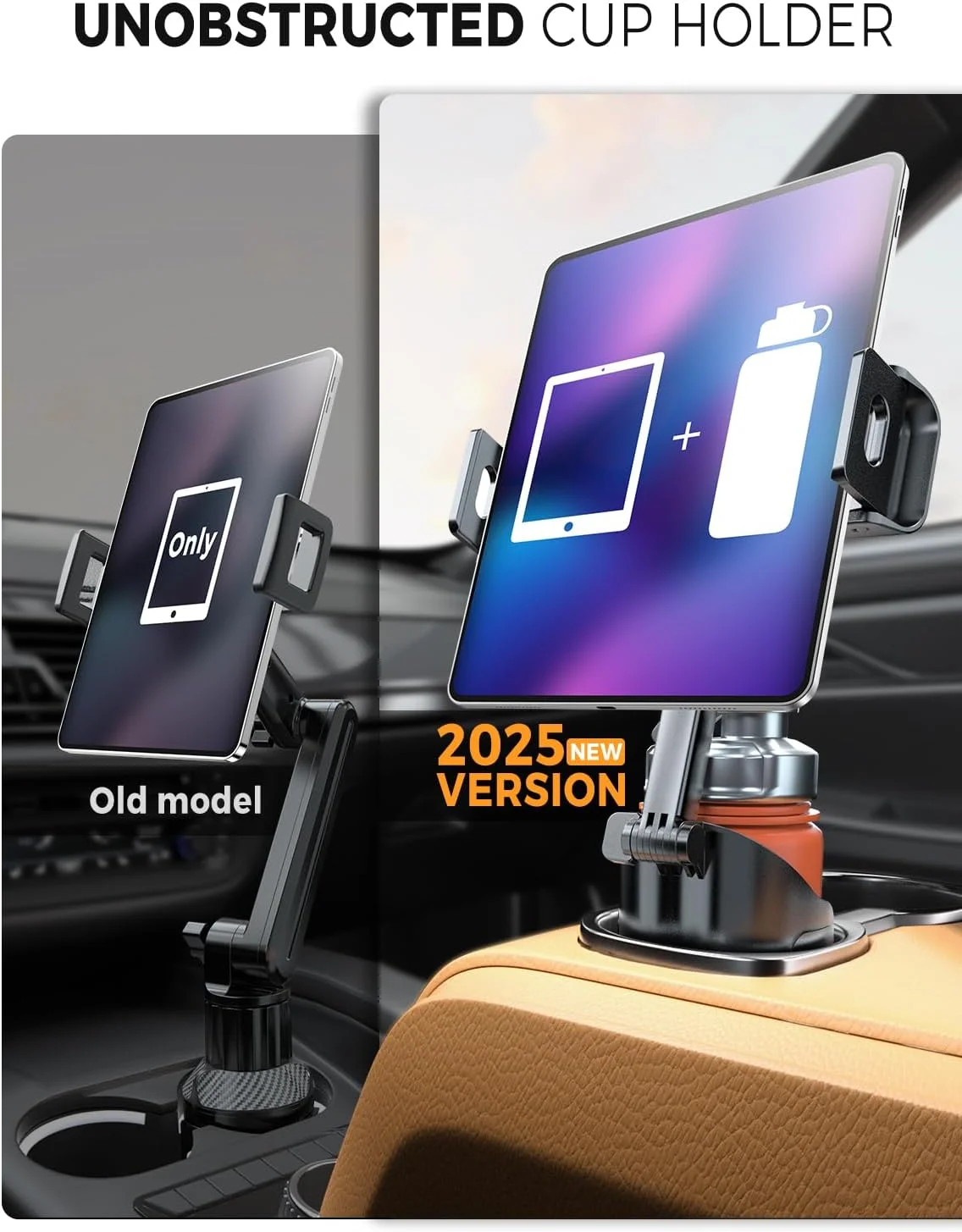 پایه نگهدارنده تبلت eSamcore برای خودرو، [جای لیوانی بدون مانع] برای نگهدارنده آیپد با پایه توخالی انعطاف پذیر، گیره عمیق چرخان 360 درجه سازگار با آیپد، آیفون و گوشی های تاشو 6 تا 11 اینچی