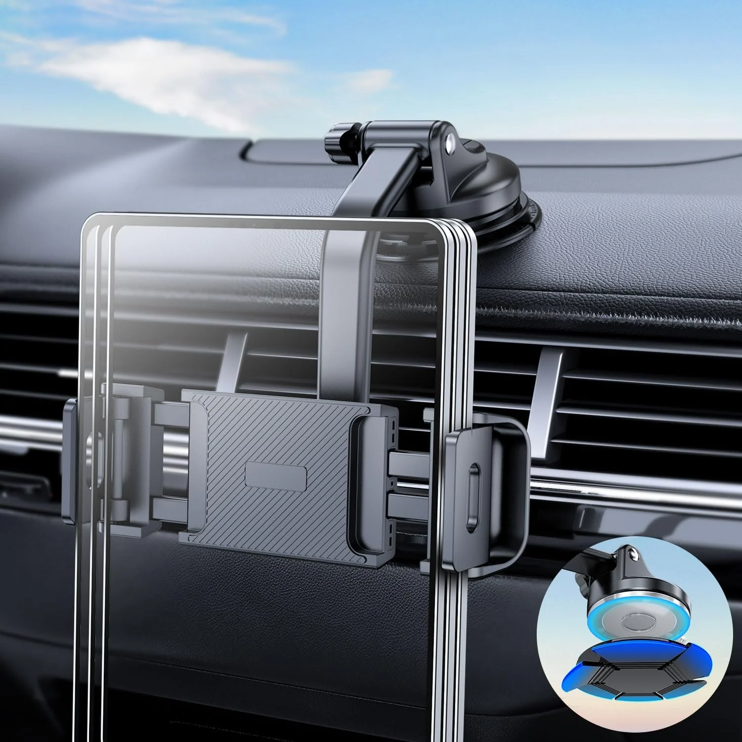 نگهدارنده تبلت eSamcore برای داشبورد خودرو، پایه نگهدارنده شیشه جلو برای آیپد و پایه تاشو تلفن همراه با گیره قابل تنظیم 360 درجه پایدار، لوازم جانبی خودرو برای آیپد ایر پرو مینی همه دستگاه های 6 تا 11 اینچی