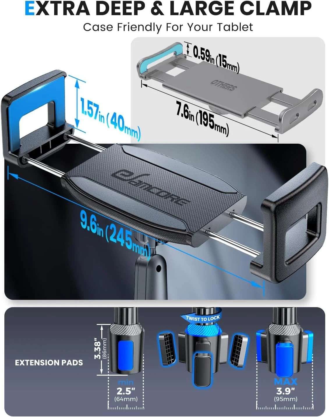 پایه نگهدارنده تبلت eSamcore برای خودرو، پایه نگهدارنده لیوانی آیپد با گیره بزرگ با عمق 1.57 اینچ، ارتفاع قابل تنظیم 15 اینچ، مناسب برای تلفن های همراه 6 تا 12.9 اینچی و لوازم جانبی مسافرتی آیپد