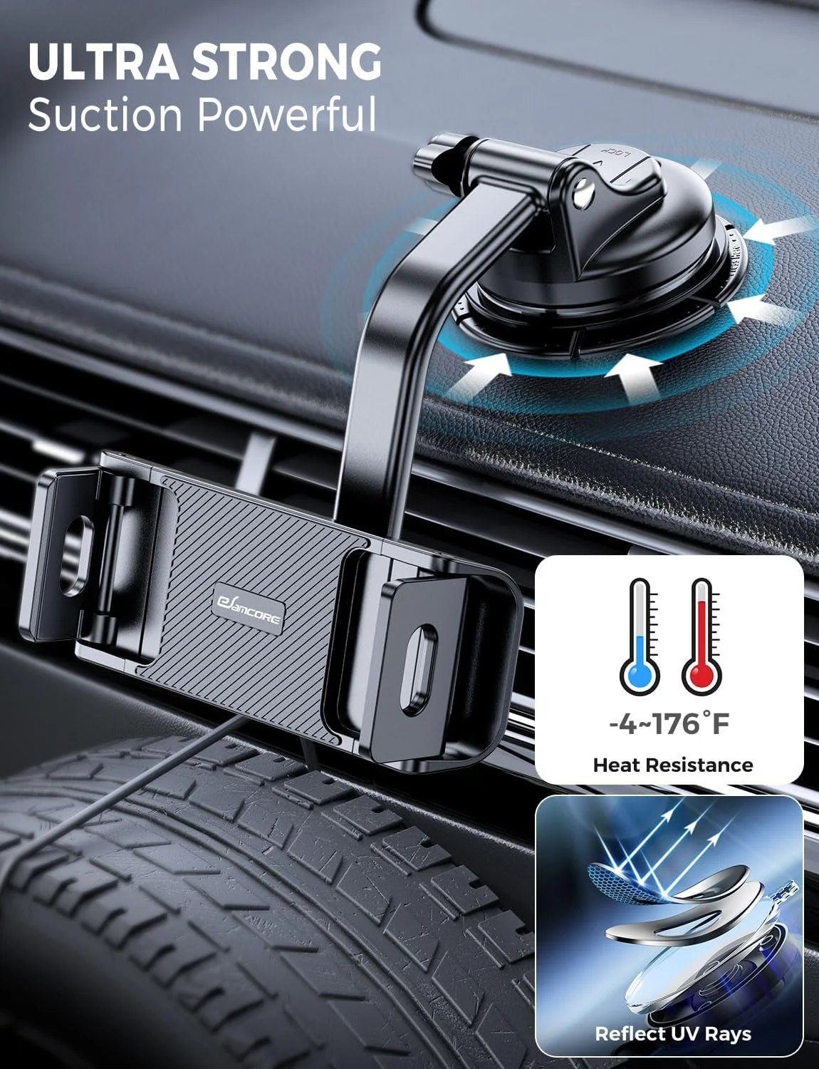 نگهدارنده تبلت eSamcore برای داشبورد خودرو، پایه نگهدارنده شیشه جلو برای آیپد و پایه تاشو تلفن همراه با گیره قابل تنظیم 360 درجه پایدار، لوازم جانبی خودرو برای آیپد ایر پرو مینی همه دستگاه های 6 تا 11 اینچی