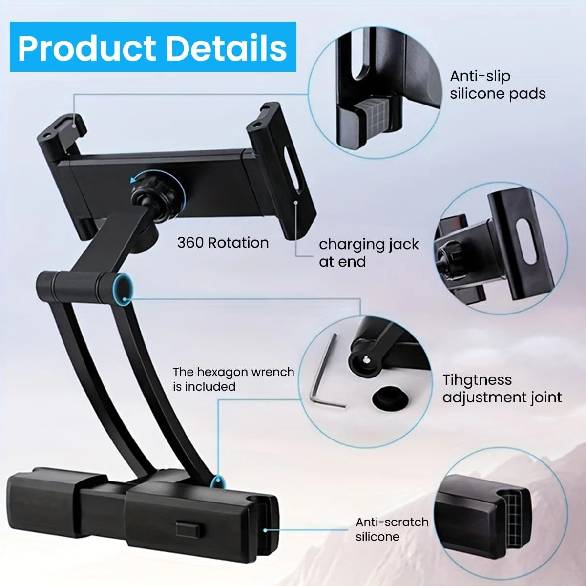 نگهدارنده تبلت خودرو ELEPHANTBOAT® برای صندلی عقب با قابلیت چرخش 360 درجه، پایه آلومینیومی جمع شونده، گیره فنری جهانی، پایه قابل تنظیم و پایدار برای آیپد پرو/ایر/مینی گلکسی تب کیندل، مناسب برای تبلت های 4.7-13 اینچی