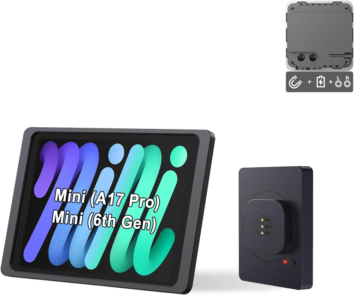 پایه دیواری مغناطیسی با محفظه شارژ A6 برای آیپد مینی (A17 Pro, A15 Bionic) 8.3 اینچی. 100-250 ولت AC 18 وات شارژ سریع، آهنرباهای قوی، چرخش 360 درجه