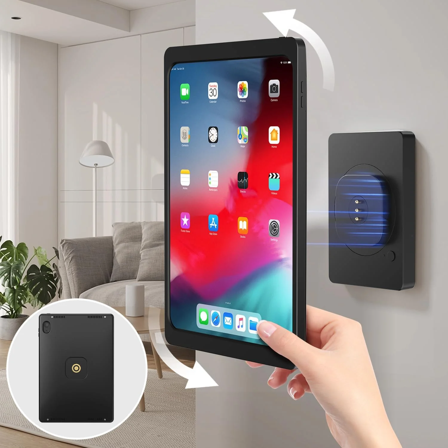 پایه دیواری مغناطیسی با محفظه شارژ A6 برای آیپد مینی (A17 Pro, A15 Bionic) 8.3 اینچی. 100-250 ولت AC 18 وات شارژ سریع، آهنرباهای قوی، چرخش 360 درجه