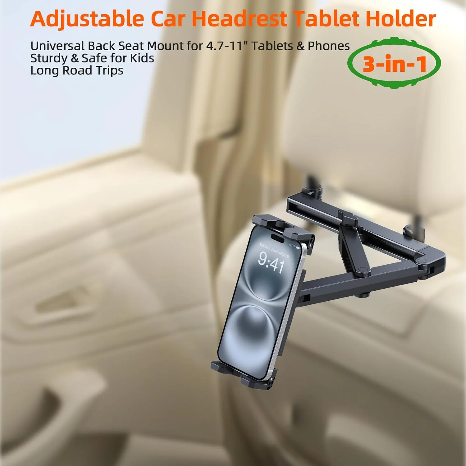 پایه نگهدارنده تبلت و گوشی برای صندلی عقب خودرو، پایه تلسکوپی مثلثی برای دستگاه های 4.7 تا 12.9 اینچی، چرخش 360 درجه، مناسب برای همه، پدهای سیلیکونی ضد لغزش، بازوی قابل تنظیم مخفی شونده