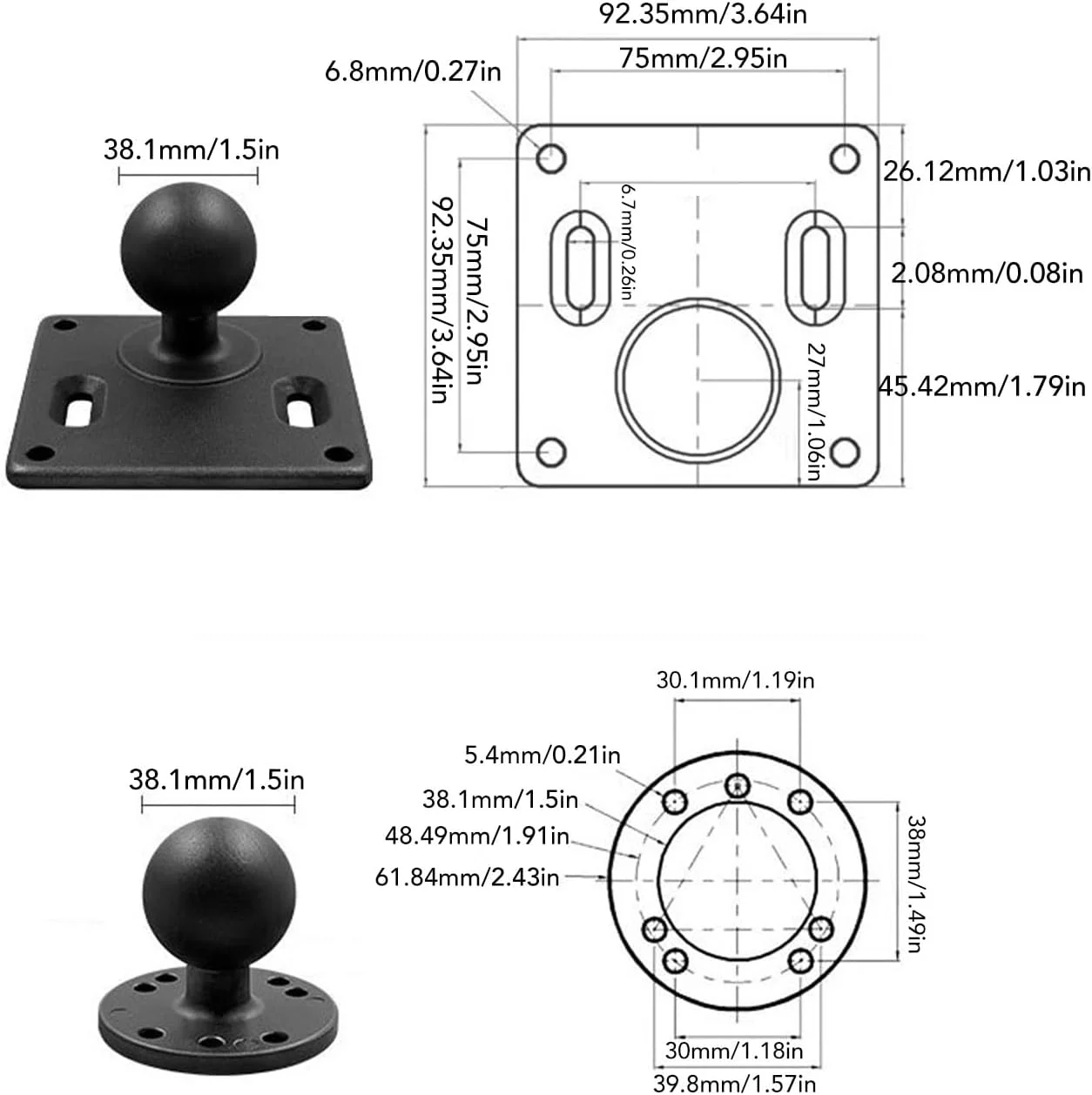 پایه توپی دوبل آلیاژ آلومینیوم با بازوی دوتایی و آداپتور توپی سایز C 1.5 اینچی برای تبلت، تلفن، ماهی یاب