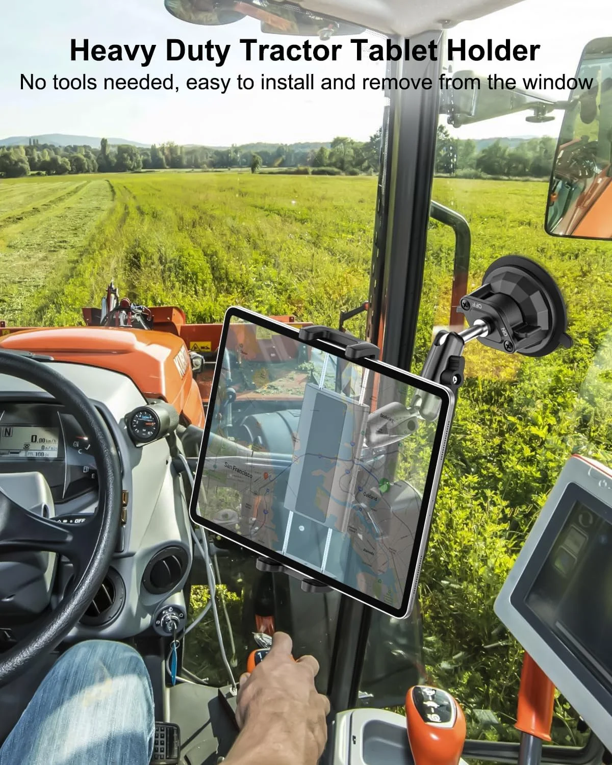 نگهدارنده تبلت تراکتور، پایه تبلت با مکنده قوی برای ماشین آلات کشاورزی، پایه شیشه جلو تراکتور مقاوم برای آیپد پرو ۱۳ ۱۲.۹ ۱۱، آیپد ایر مینی، گلکسی تب، زد فولد، آیفون، دستگاه های ۴-۱۳ اینچی