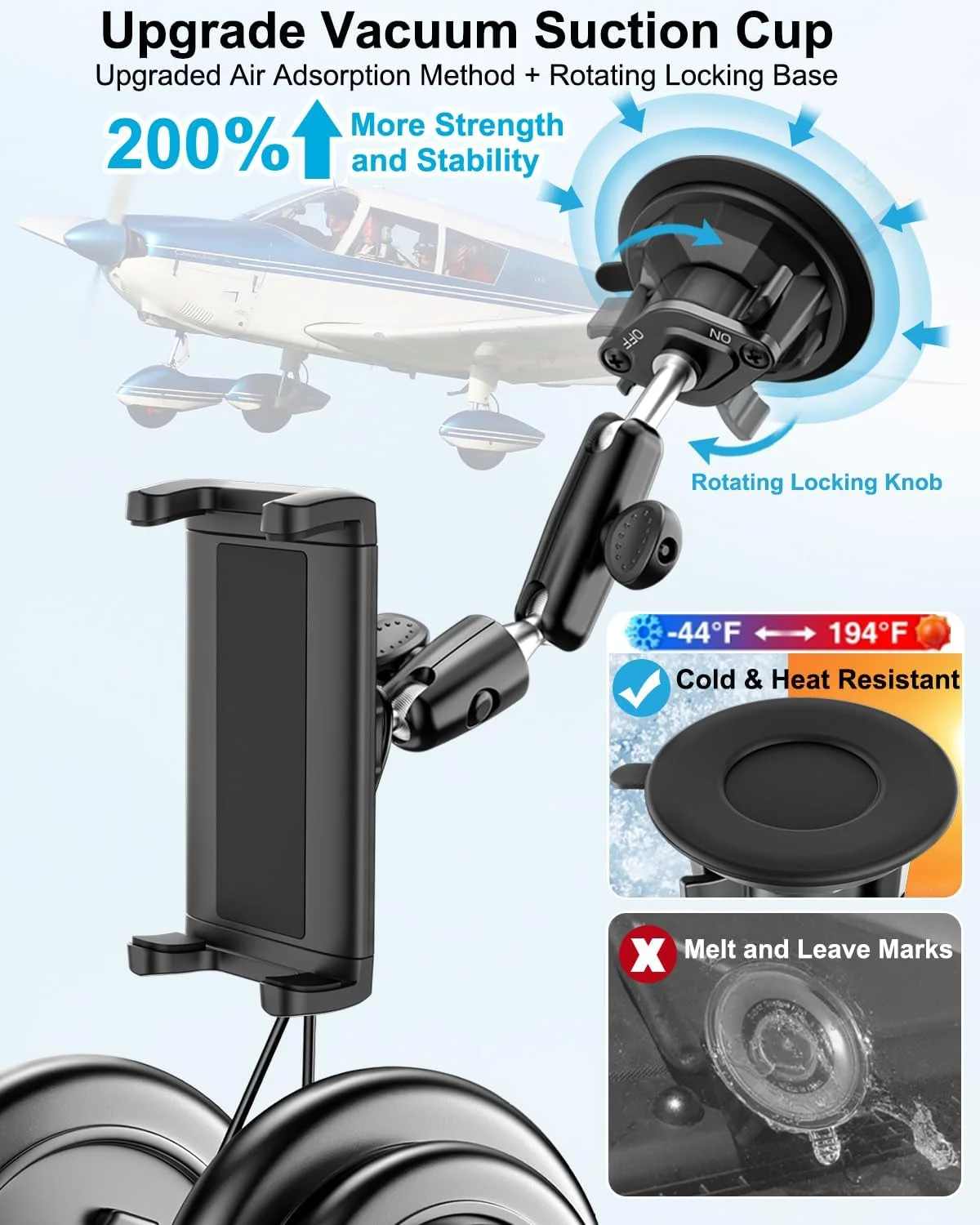 پایه تبلت خودرویی شیشه جلو، بازوهای فلزی قابل تنظیم داشبورد، گیره داشبورد خودرو با مکنده قوی برای آیپد پرو 12.9 مینی ایر، گلکسی تب/زد فولد، آیفون، دستگاه 4-13 اینچی