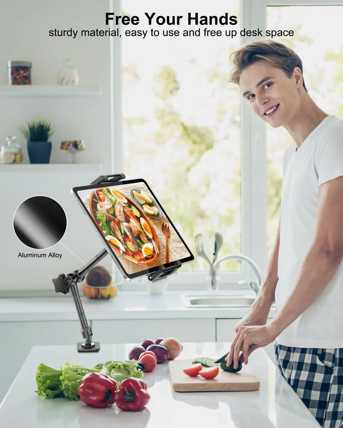 نگهدارنده تبلت زیر کابینتی آشپزخانه، [تا 15.6 اینچ]، نگهدارنده تبلت کابینت پایه با بازوی فلزی قابل تنظیم، پایه آشپزخانه مقاوم برای آیپد پرو 13/12.9/11 ایر مینی، گلکسی تب، 6.1-15.6 اینچ