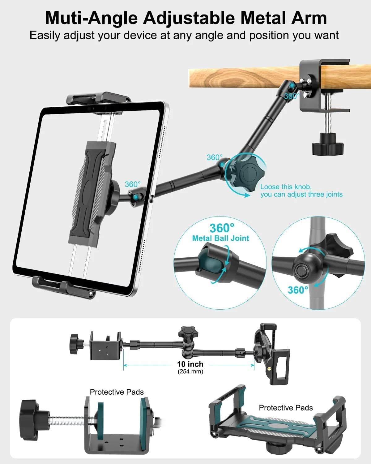 نگهدارنده تبلت زیر کابینتی آشپزخانه، [تا 15.6 اینچ]، نگهدارنده تبلت کابینت پایه با بازوی فلزی قابل تنظیم، پایه آشپزخانه مقاوم برای آیپد پرو 13/12.9/11 ایر مینی، گلکسی تب، 6.1-15.6 اینچ