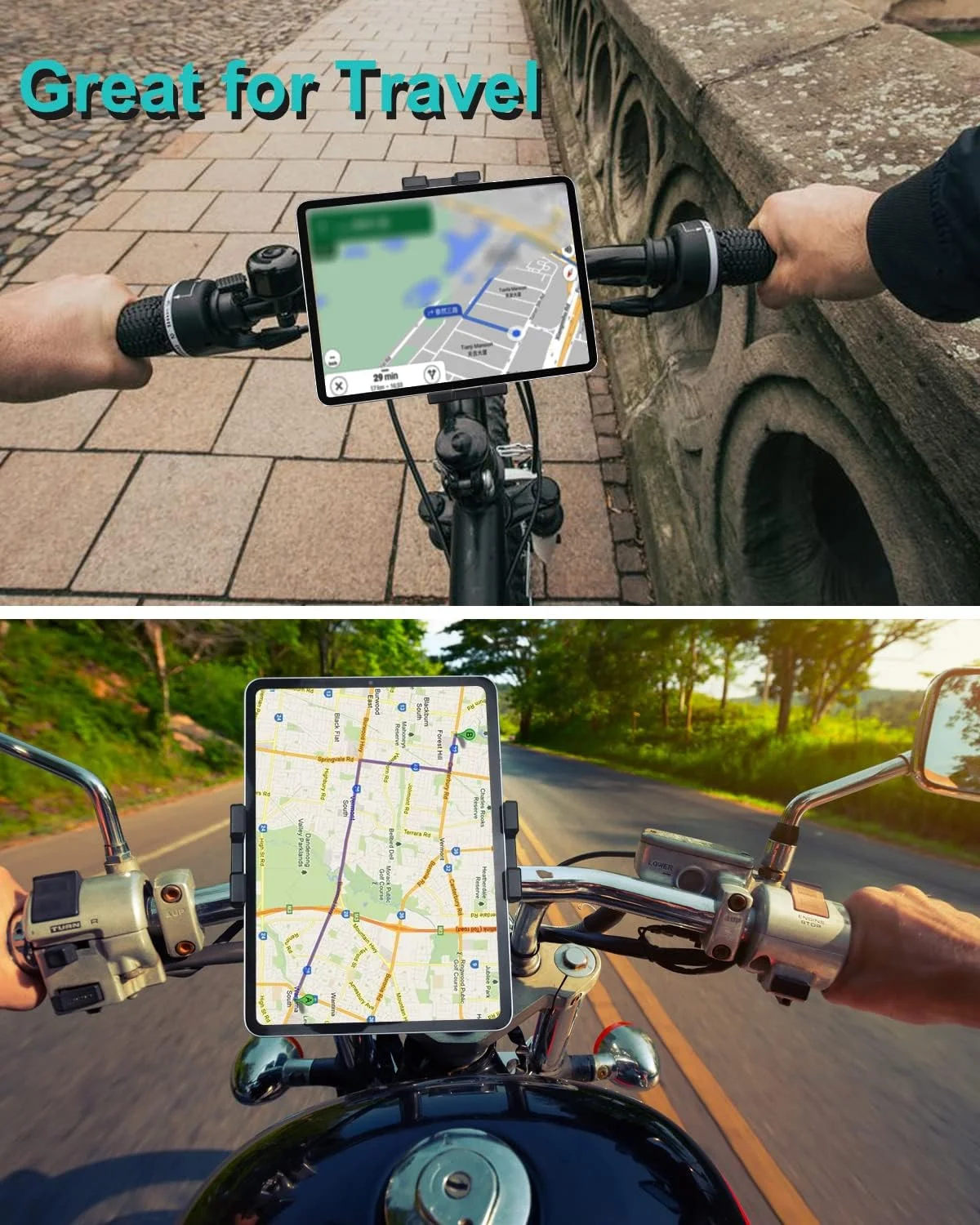 نگهدارنده تبلت دوچرخه، پایه فلزی تبلت موتور سیکلت، گیره ضد لرزش فرمان برای آیپد پرو 12.9/11/ ایر/مینی، گلکسی تب، زد فولد، آیفون، مناسب برای تبلت های 4-13 اینچی، آداپتور پیچ 1/4 اینچی برای دوربین