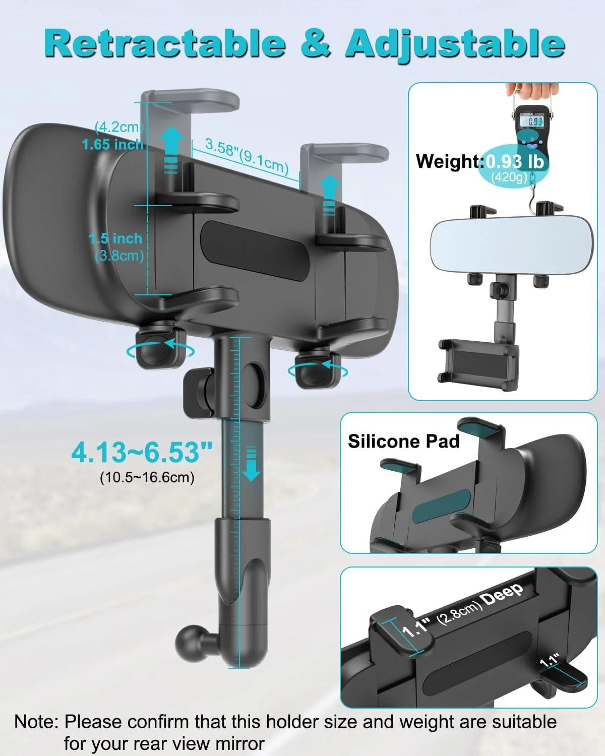 نگهدارنده تبلت خودرو، پایه تبلت آینه عقب با آینه عقب HD، نگهدارنده تلفن آینه عقب چهار شاخه‌ای برای آیپد 10.9، آیپد پرو ایر مینی، گلکسی تب، آیفون، تلفن همراه و تبلت 4-13 اینچی