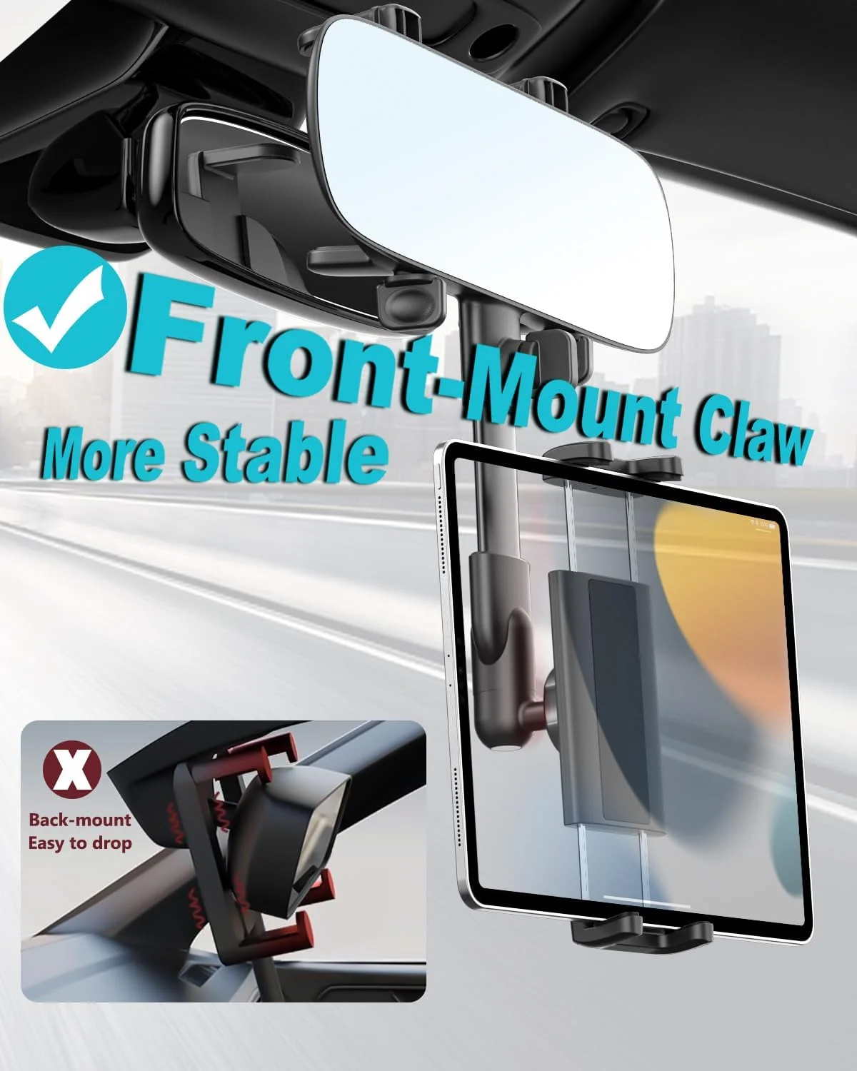 نگهدارنده تبلت خودرو، پایه تبلت آینه عقب با آینه عقب HD، نگهدارنده تلفن آینه عقب چهار شاخه‌ای برای آیپد 10.9، آیپد پرو ایر مینی، گلکسی تب، آیفون، تلفن همراه و تبلت 4-13 اینچی