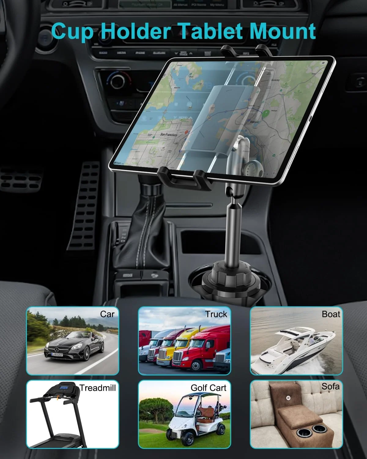 پایه تبلت خودرویی داخل جالیوانی، [بازوی سه توپی فلزی] پایه تبلت جالیوانی برای کامیون، پایه لیوانی خودرو سازگار با آیپد پرو ۱۳ (M4) ۱۲.۹ مینی ایر، ELD، گلکسی تب، آیفون، دستگاه های ۴-۱۳ اینچی