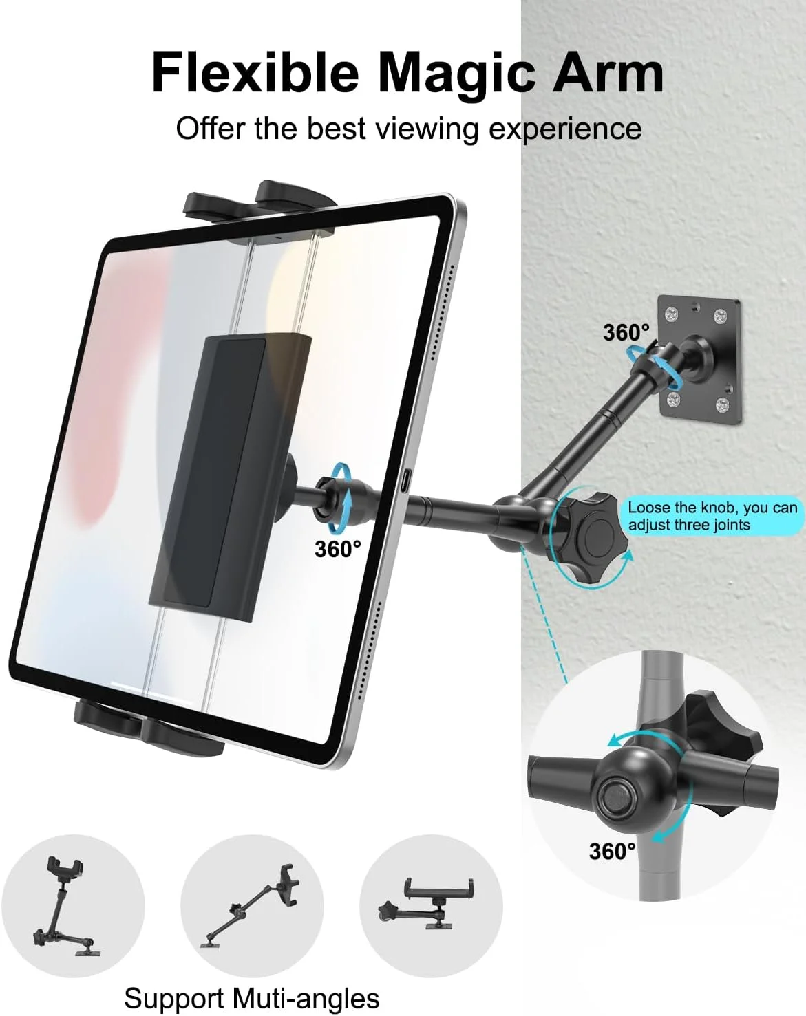 پایه دیواری تبلت برای تبلت های 4 تا 13 اینچی، [بازوی فلزی انعطاف پذیر] پایه دریل دار دیواری آیپد برای انبار/خانه/باشگاه، پایه دیواری آیپد برای آیپد پرو 12.9 ایر مینی، گلکسی تب/زد فولد، تلفن همراه