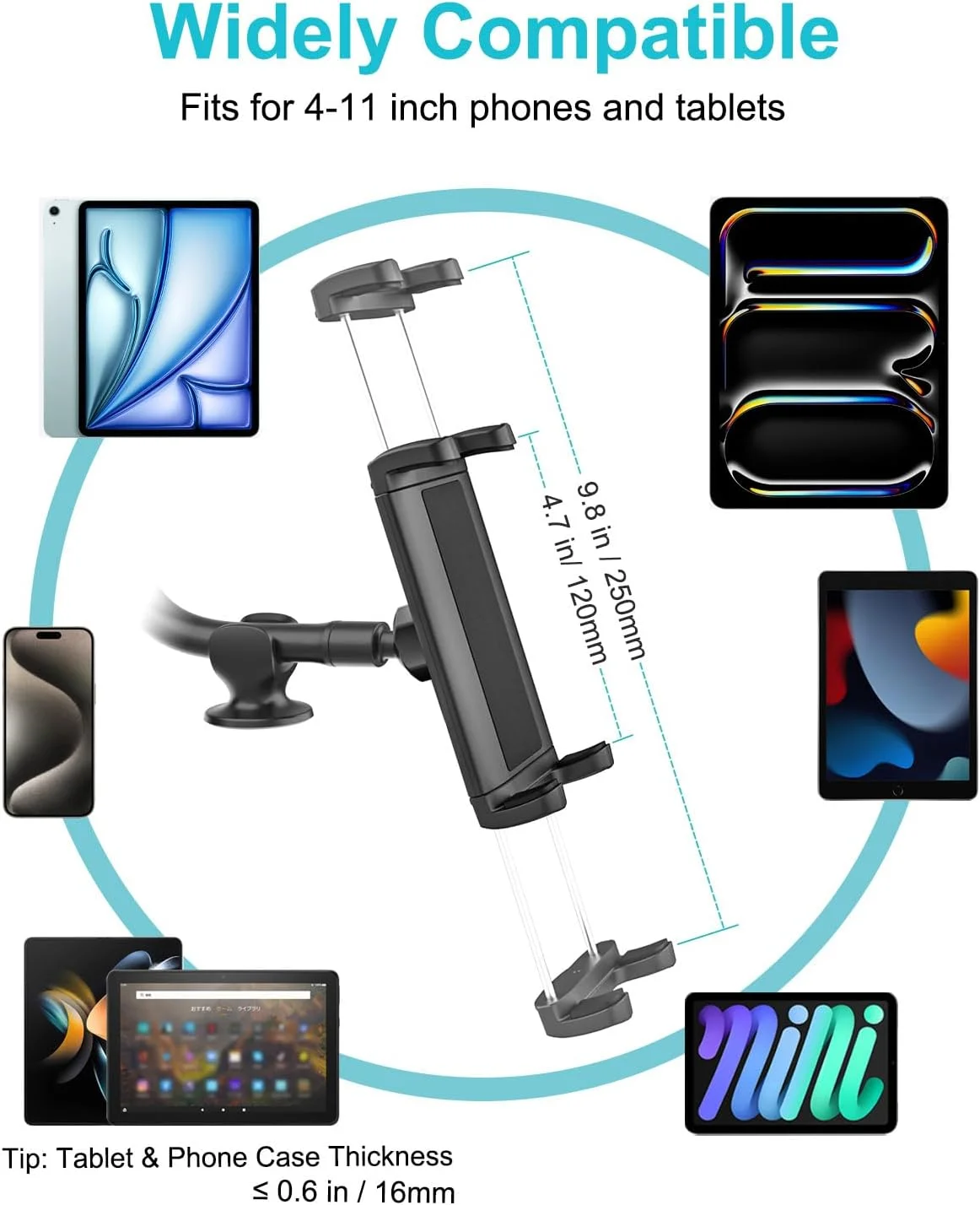 نگهدارنده تبلت برای شیشه جلو/داشبورد خودرو، پایه مکنده تبلت برای کامیون، چرخش 360 درجه و پایه تبلت گردنی انعطاف پذیر برای خودرو مناسب برای آیپد پرو ایر مینی، گلکسی تب، تلفن، تبلت های 4-11 اینچی