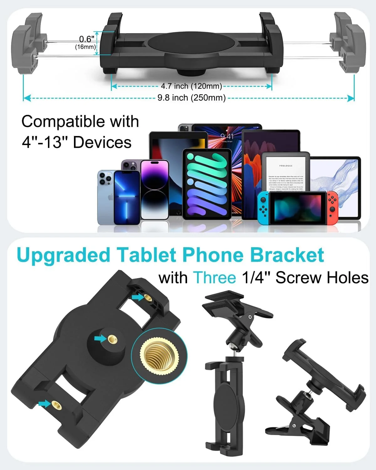 نگهدارنده تبلت آفتابگیر خودرو، گیره فلزی برای کامیون، پایه نگهدارنده گوشی با قابلیت چرخش 360 درجه و پیچ 1/4 اینچی، مناسب برای آیپد پرو ایر مینی، گلکسی تب، آیفون، دوربین، تبلت های 4-11 اینچی