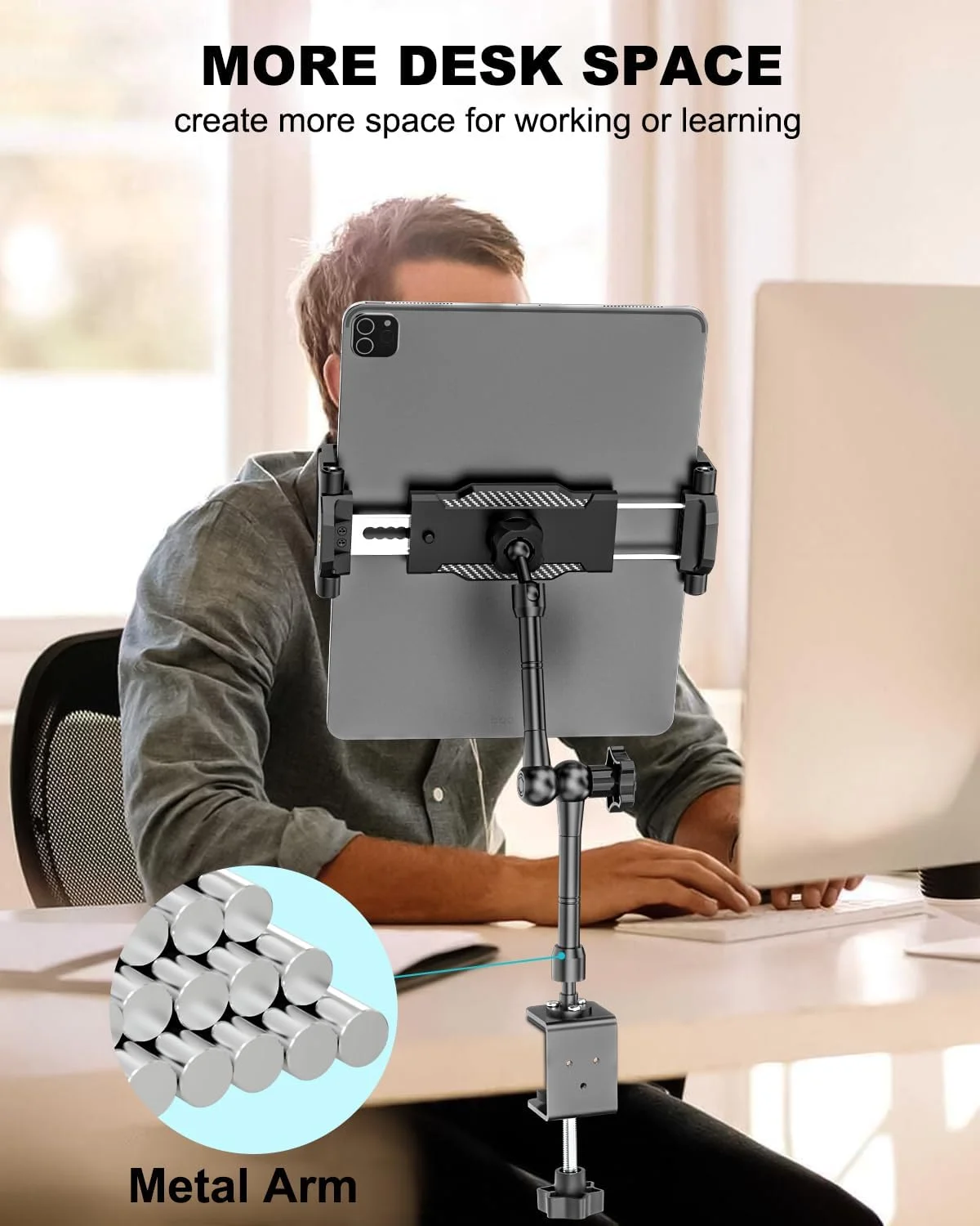 پایه نگهدارنده مانیتور قابل حمل 15.6 اینچی با بازوی جادویی، بازوی فلزی قابل تنظیم، براکت مانیتور رومیزی برای صفحه نمایش قابل حمل 15.6 اینچی، آیپد پرو ایر مینی، تب، دستگاه 6.1-15.6 اینچی