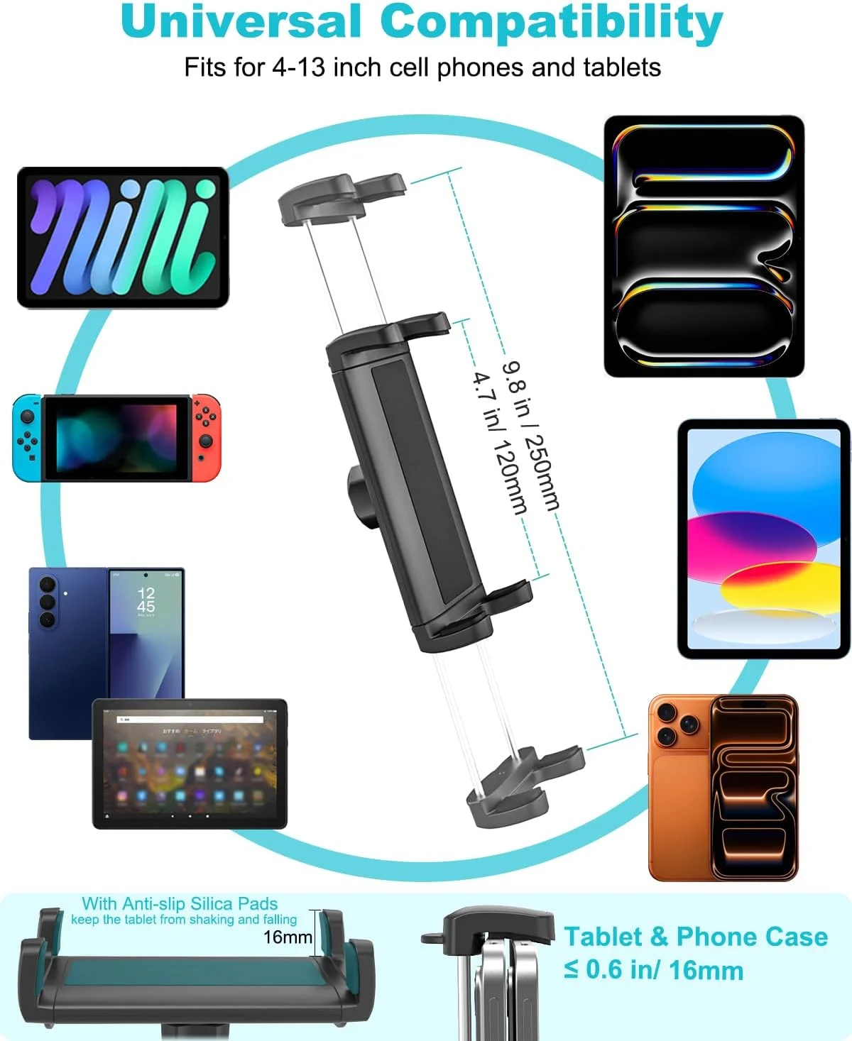 نگهدارنده تبلت خودرو، محل قرارگیری در شکاف CD، پایه تبلت پخش کننده CD با بازوی قابل تنظیم، گیره 360 درجه برای قرارگیری در CD خودرو مناسب برای آیپد پرو 13 12.9 مینی ایر، گلکسی تب/زد فولد/زد فلیپ، آیفون و سایر دستگاه های 4 تا 13 اینچی