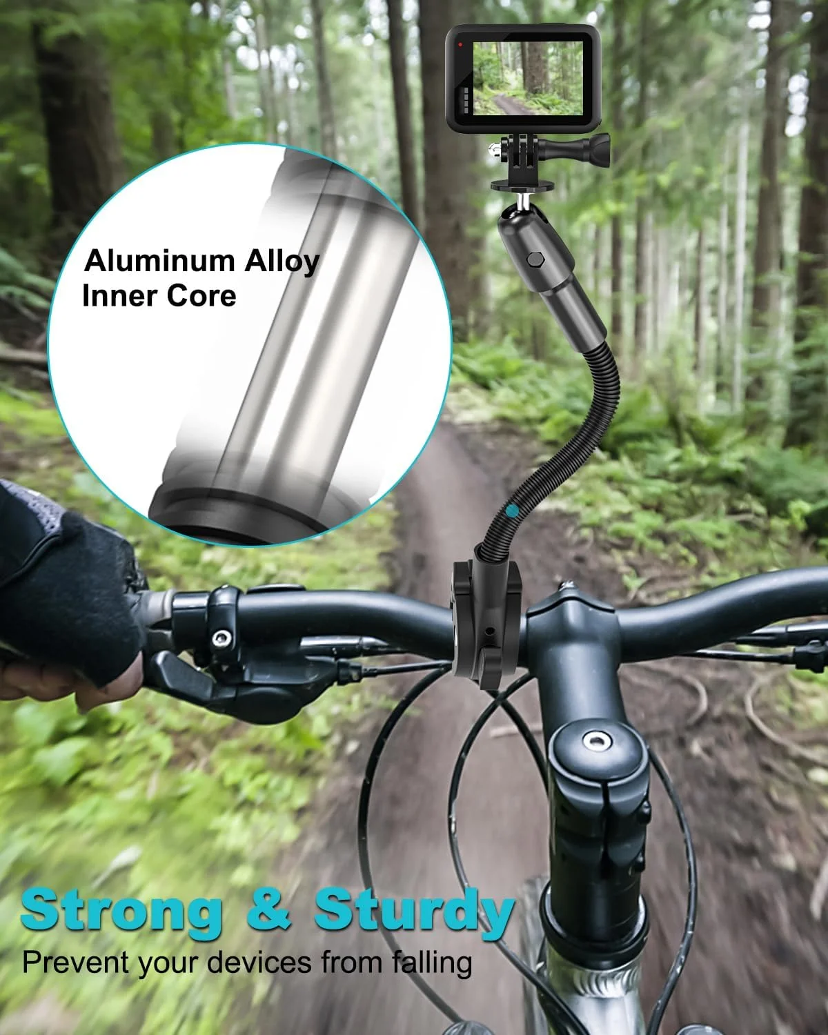 گیره دوربین گردن غازی، [بازوی فلزی 25 سانتی متری] پایه فرمان محکم برای دوربین ها، گیره دوربین با سر توپی چرخان 360 درجه، گیره رزوه 1/4 اینچی برای Gopro Hero 12 11 10، DJI Osmo Action، چراغ LED