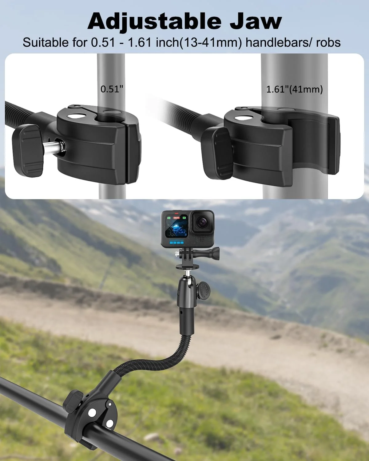 گیره دوربین گردن غازی، [بازوی فلزی 25 سانتی متری] پایه فرمان محکم برای دوربین ها، گیره دوربین با سر توپی چرخان 360 درجه، گیره رزوه 1/4 اینچی برای Gopro Hero 12 11 10، DJI Osmo Action، چراغ LED