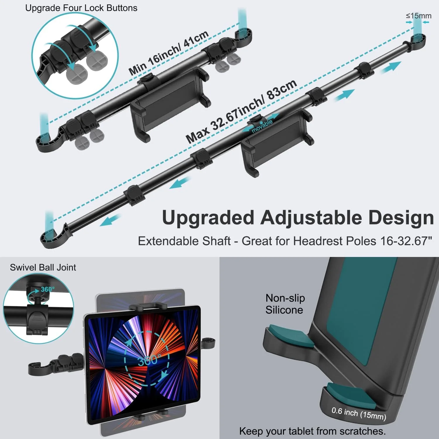 نگهدارنده تبلت برای پشت سری خودرو - بازوی کشویی 83 سانتی‌متری، پایه تبلت ضد لرزش برای صندلی عقب مناسب برای آیپد پرو 12.9 13 ایر مینی، تبلت‌های گلکسی، دستگاه‌های 4-13 اینچی