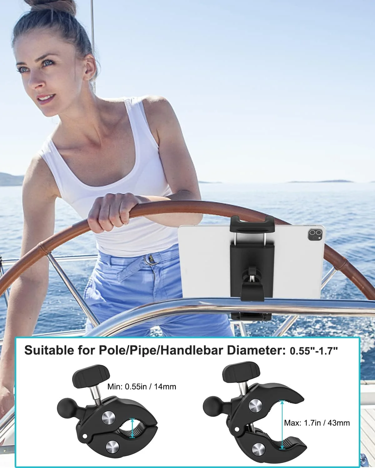 نگهدارنده تبلت برای سکان قایق، پایه نگهدارنده تبلت دریایی با قابلیت تنظیم 360 درجه، گیره نگهدارنده گوشی برای میله قایق بادبانی، پایه گیره میله ای برای iPad Pro Air Mini، Tab/Z Fold، iPhone، تبلت های 4-13 اینچی